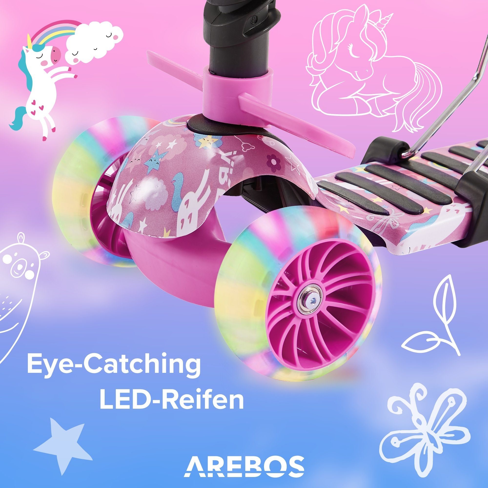 Scooter Kinder Cityroller, Pink Tretroller, LED-Räder Arebos