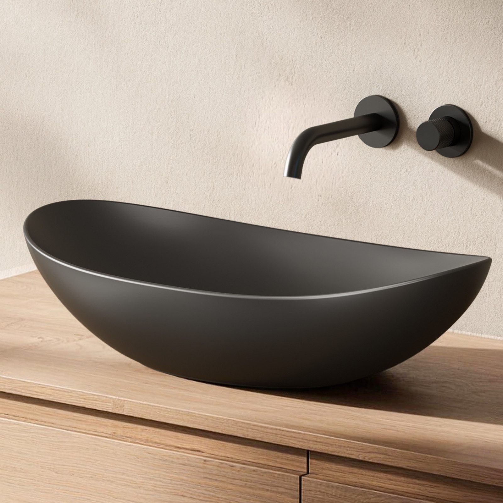 EMKE Aufsatzwaschbecken Aufsatzwaschbecken Oval, Keramik, 61 x 36 cm (Packung), ohne Überlauf, ohne Hahnloch – pflegeleichter, kratzfester Oberfläche
