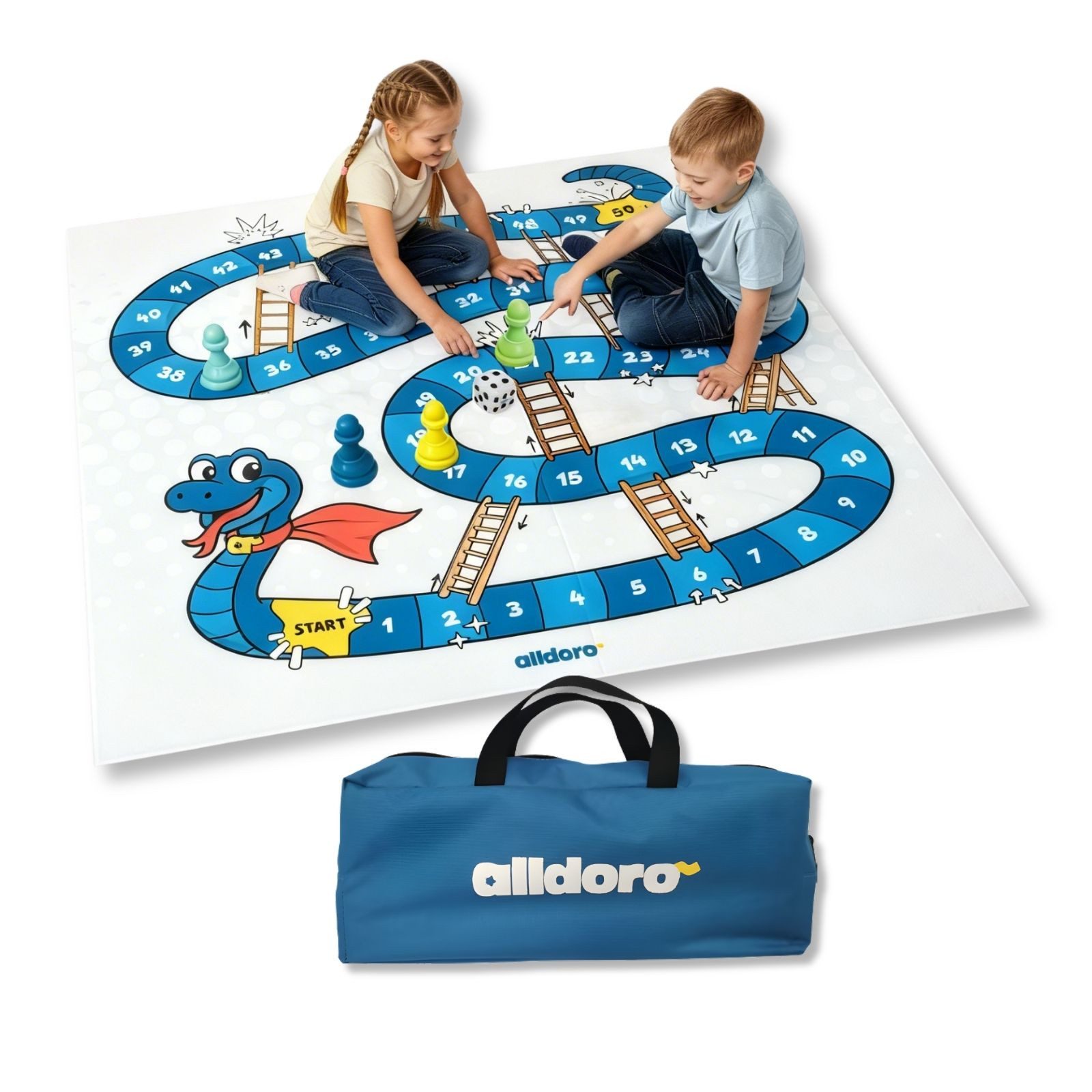 alldoro Spiel XXL Leiterspiel Snakes & Ladders, 150 x 150 cm, für 2-4 Spieler ab 3, Riesen Brettspiel-Klassiker für drinnen & draußen, mit Tragetasche