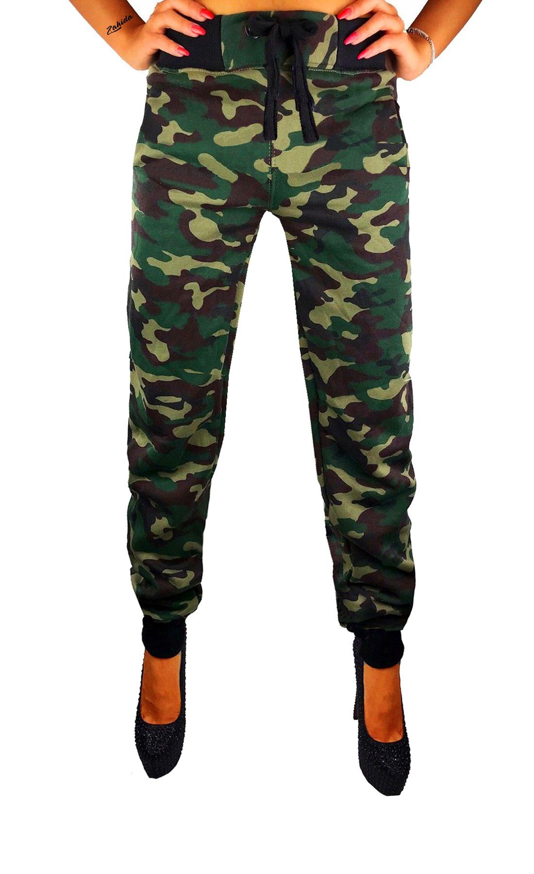 RMK Jogginghose Damen Trainingshose Fitnesshose Sporthose Camouflage Sweatpants elastischer Bund Camouflage-Grün