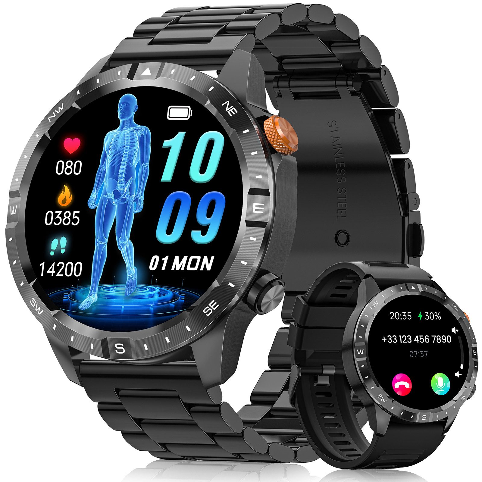 Sanorum Smartwatch Herren mit Telefonfunktion Smartwatch (3.63 cm/1,43 Zoll, HD Touchscreen) AMOLED Fitnessuhr, mit blutzuckermessung, Herzfrequenz, Schlafmonitor, SpO2, 120+ Sportmodi IP68 Wasserdicht, Android iOS