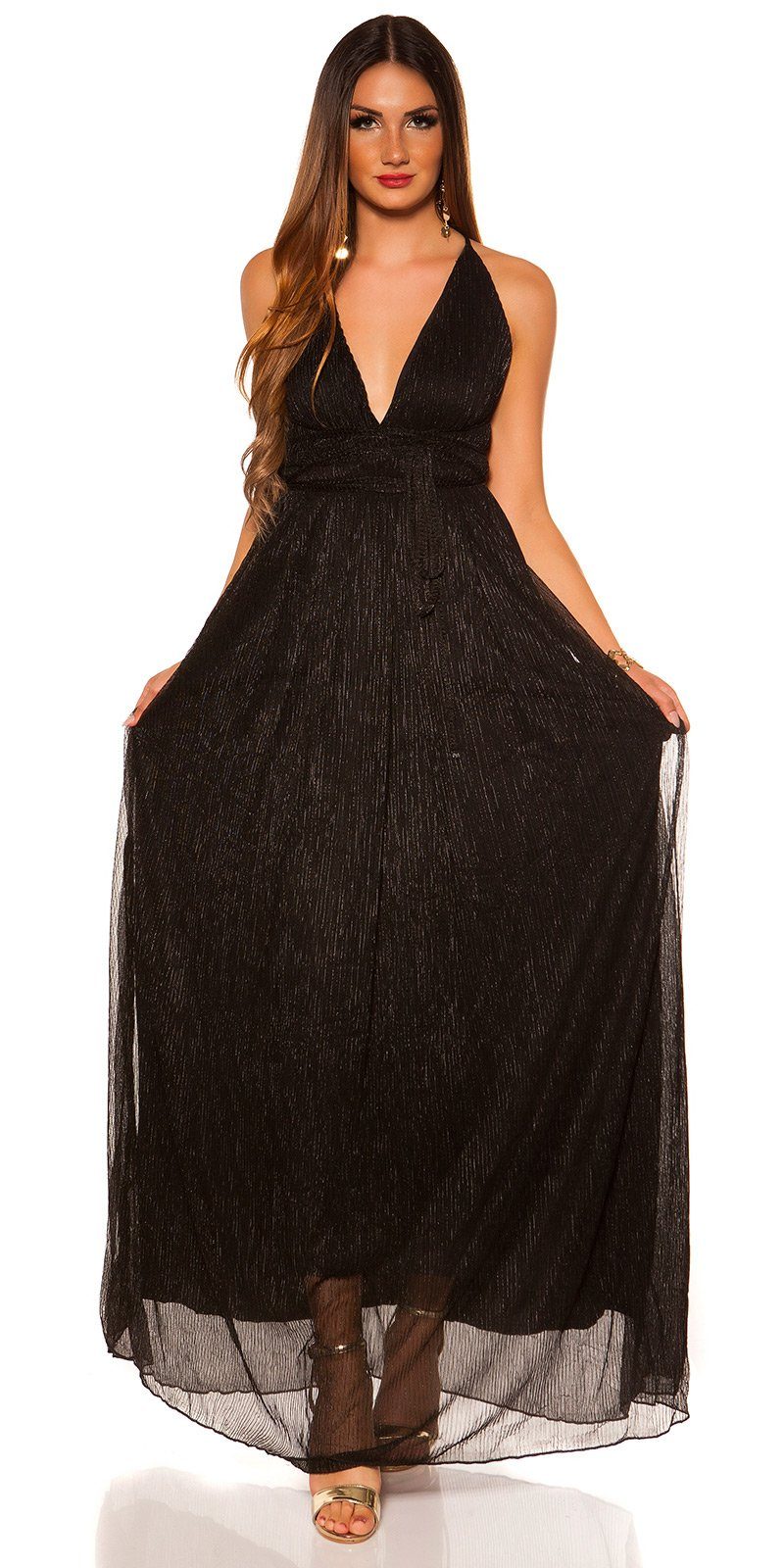 Koucla Abendkleid Maxikleid mit offenem Rücken im Plissee-Stil glänzendes, glitzerndes Material, Plissee schwarz