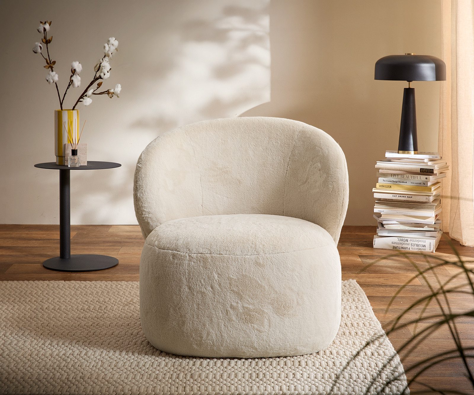 DELIFE Cocktailsessel Pulo, Plüsch Creme-Weiß 80x80 cm Loungesessel