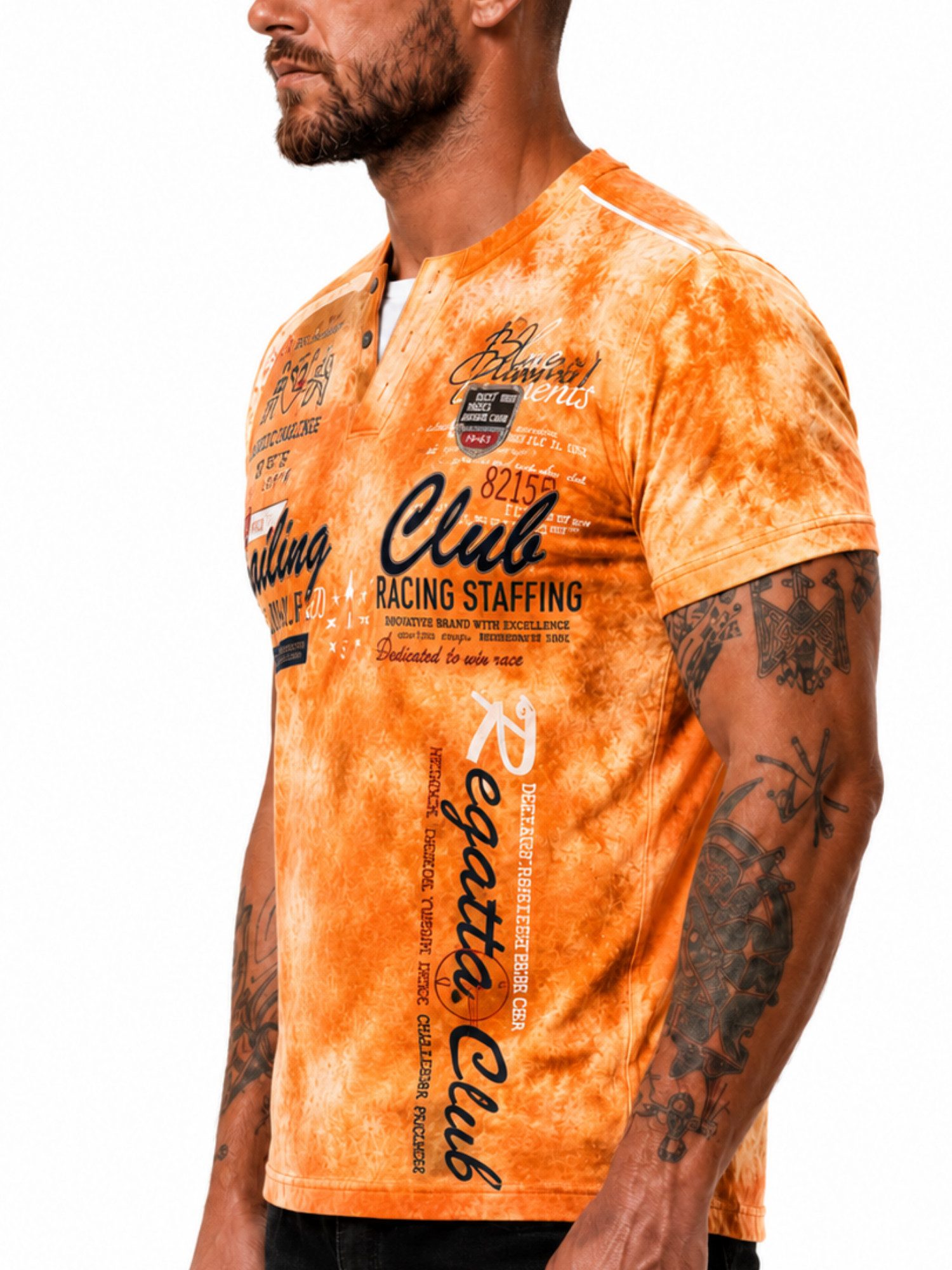 L.gonline Kurzarmshirt Herren T-Shirt, Sommershirt, Batik Optik, 2879 Orange M (Shirt Kurzarmshirt Tee, 1-tlg) Fitness Freizeit Casual