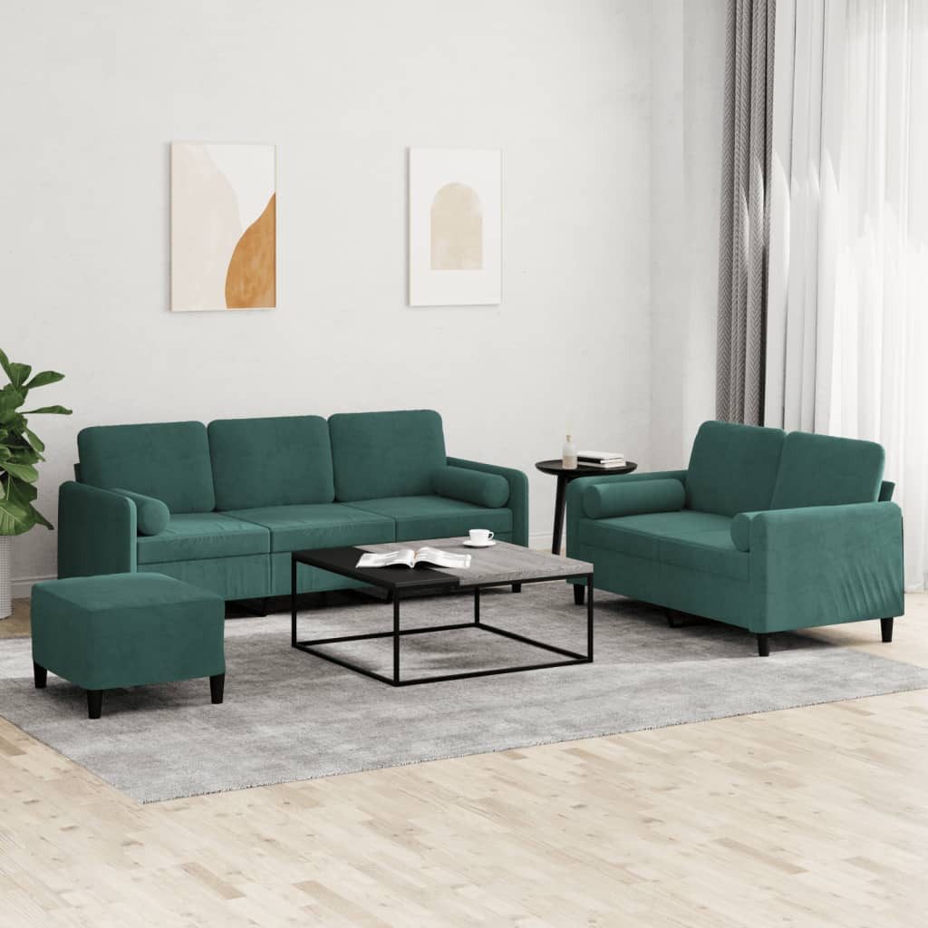 vidaXL Sofa vidaXL 3-tlg. Sofagarnitur mit Kissen Dunkelgrün Samt