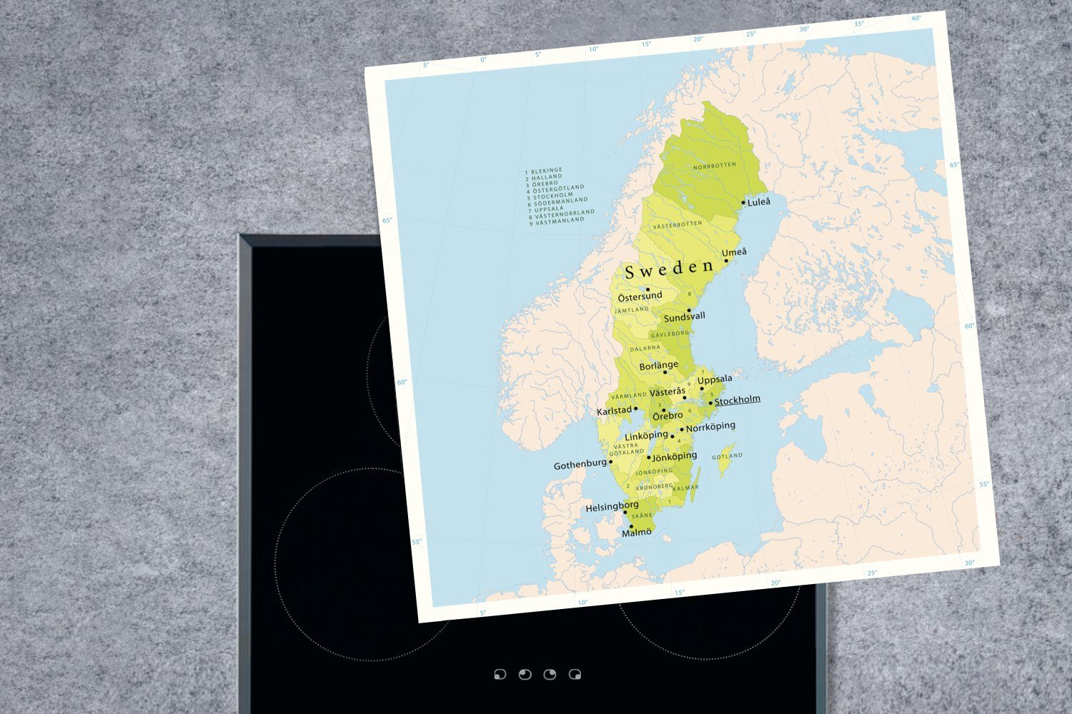MuchoWow Herdblende-/Abdeckplatte Illustration einer Karte Schweden mit cm, Arbeitsplatte Ceranfeldabdeckung, küche grün, tlg), Vinyl, (1 78x78 in für