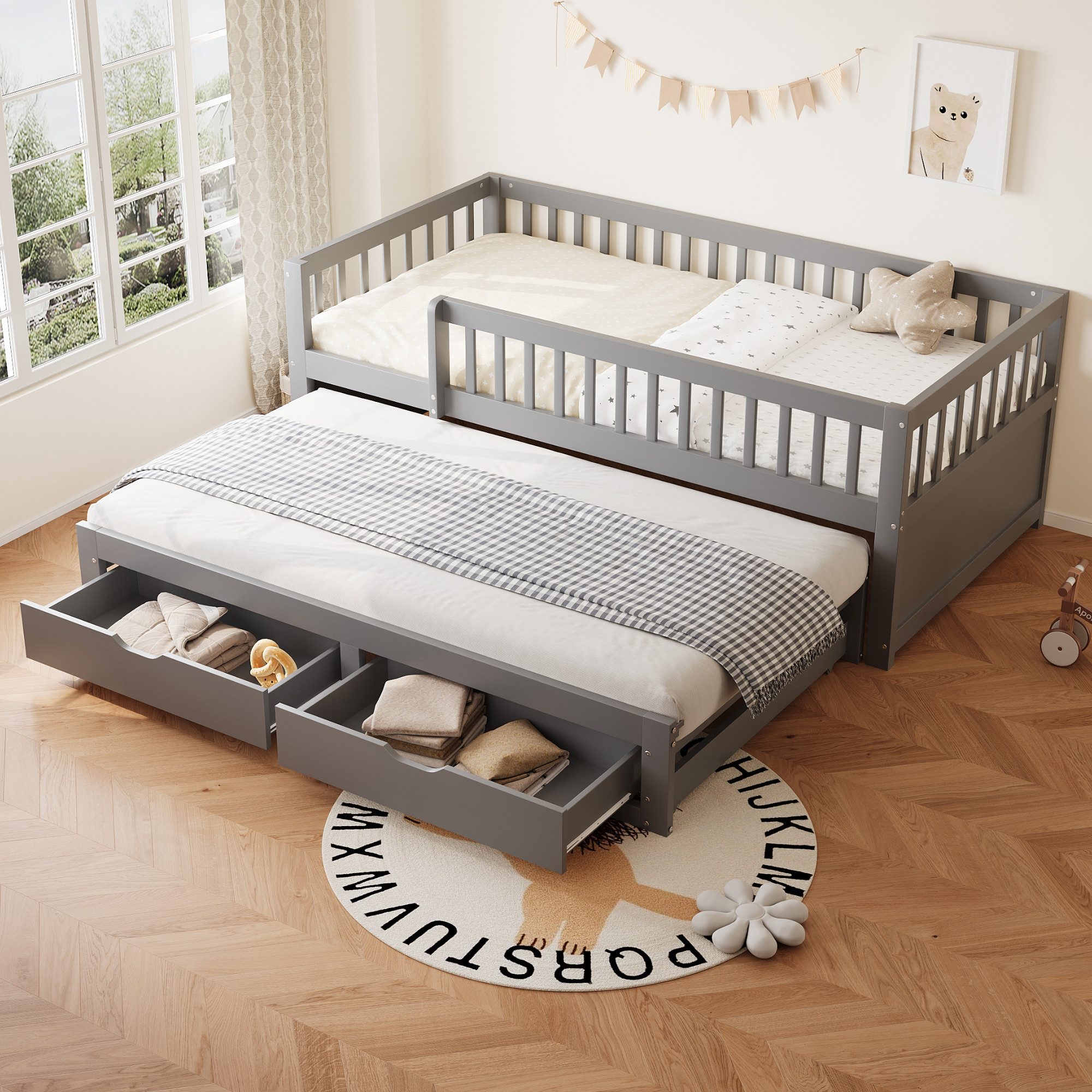 Kinderbett 90x200 cm, Ausziehbares Bett mit 2 Schubladen, Mit Lattenrost, Grau