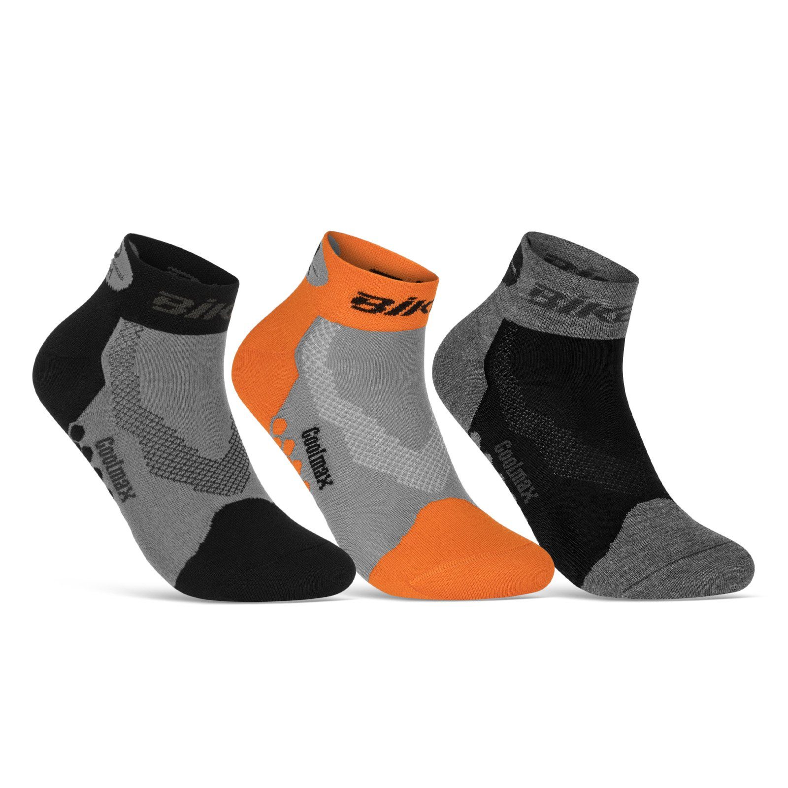 sockenkauf24 Funktionssocken Coolmax LED Fahrrad-Socken für Herren & Damen (Schwarz/Orange/Grau, 3-Paar, 39-42) Reflektor Radsport Socken 50303P WP