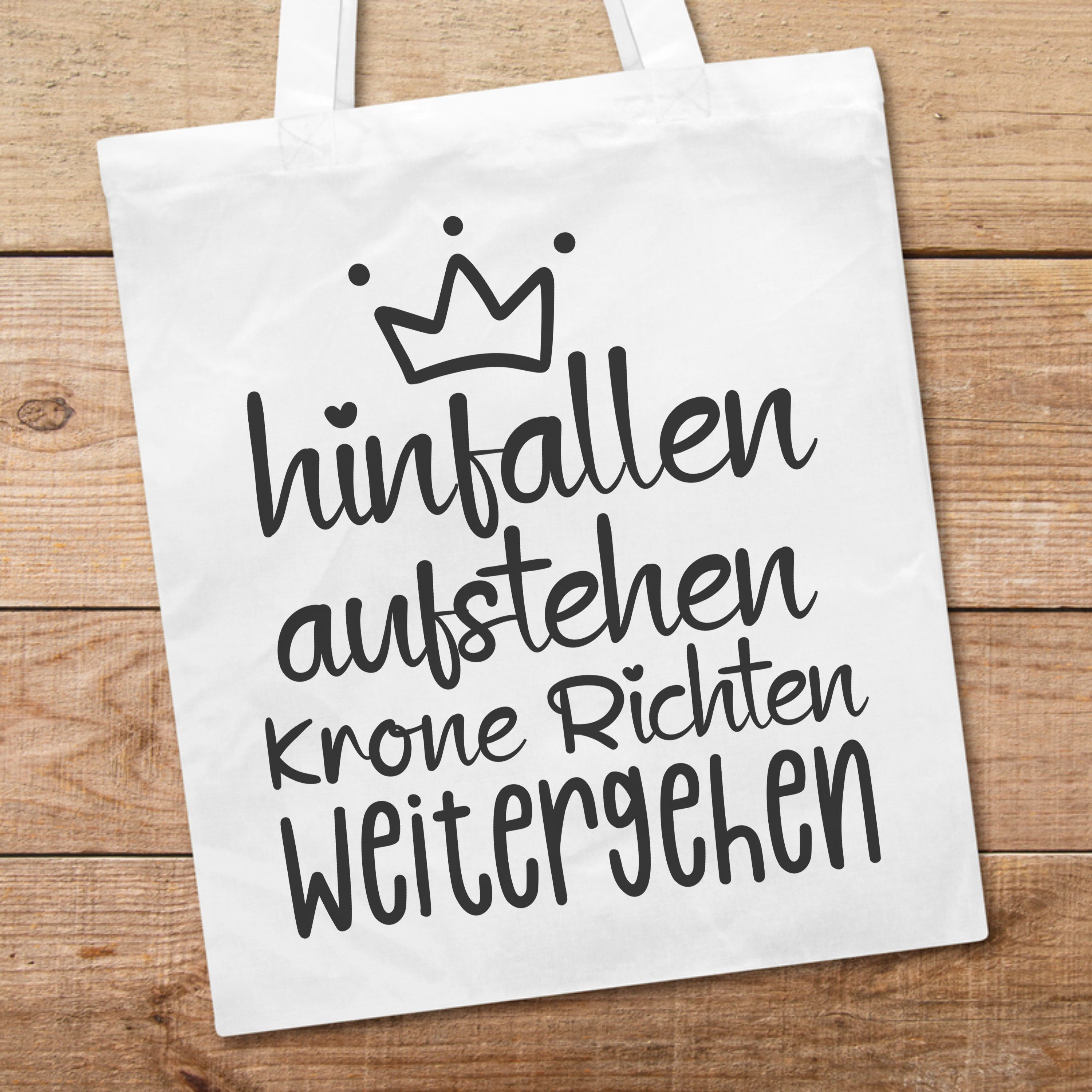 PhotoFancy Tragetasche mit Spruch 'Hinfallen, Aufstehen, Krone Richten' - Stoffbeutel, mit lustigem Spruch