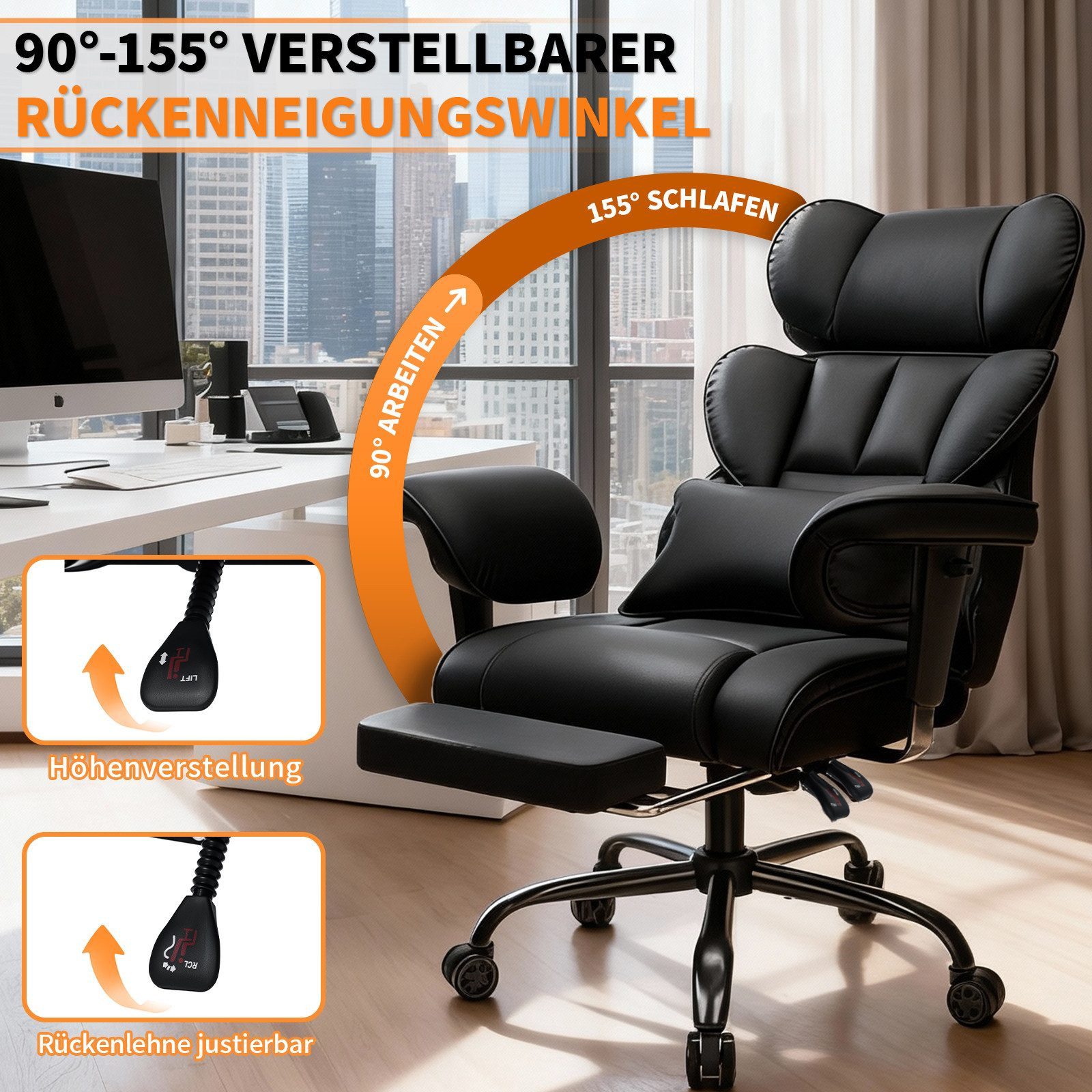 Hoffree Drehstuhl XXL Ergonomischer Bürostuhl Chefsessel Gaming-Stuhl Kunstleder, mit Fußstütze, verstellbarer Kopf- & Armlehnen, Max bis 200 kg – Bild 2 von 5