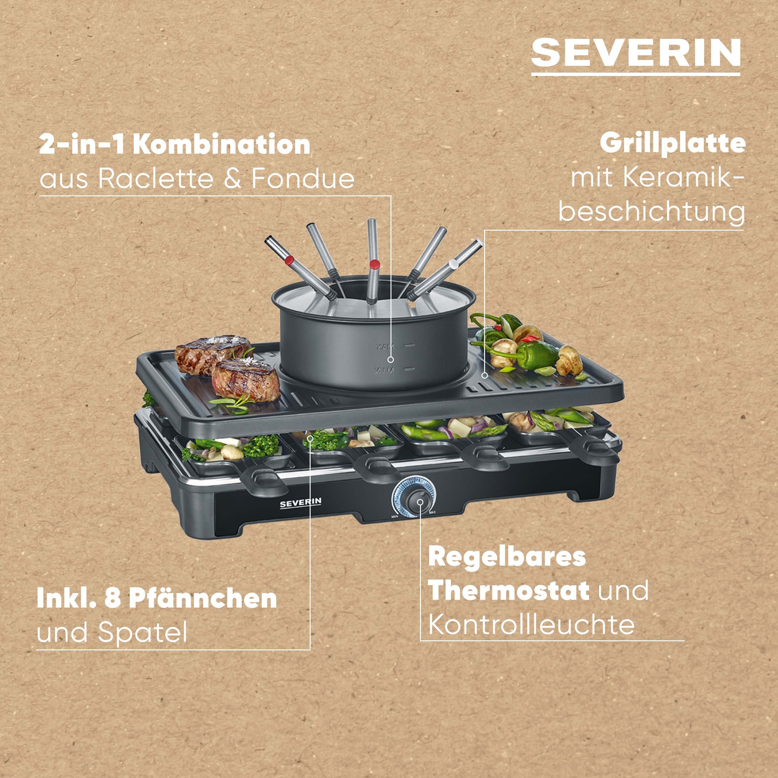 Severin Raclette und Fondue-Set RG 2347, 8 Raclettepfännchen, 1400 W