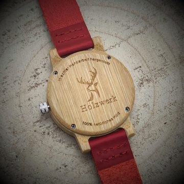 Holzwerk Quarzuhr TORI RED Damen Leder & Holz Uhr mit Pferd Motiv in rot, beige