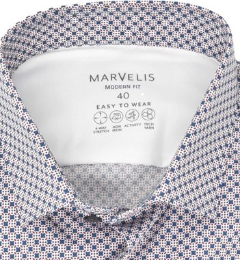 MARVELIS Businesshemd Easy To Wear Hemd - Modern Fit - Langarm - Muster - Blau/Rot 4-Wege-Stretch