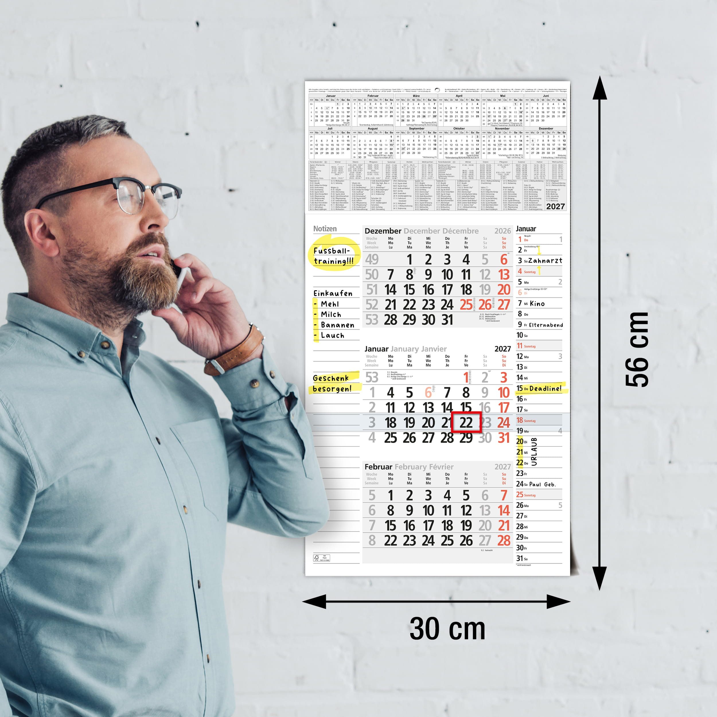 TOBJA Wandkalender 3 Monatskalender 2027 mit Notizfeld & Tagesliste 30x56 cm FSC, Notizfeld, Tagesliste, Datumsschieber, Schulferien DE+AT, FSC – Bild 3 von 5