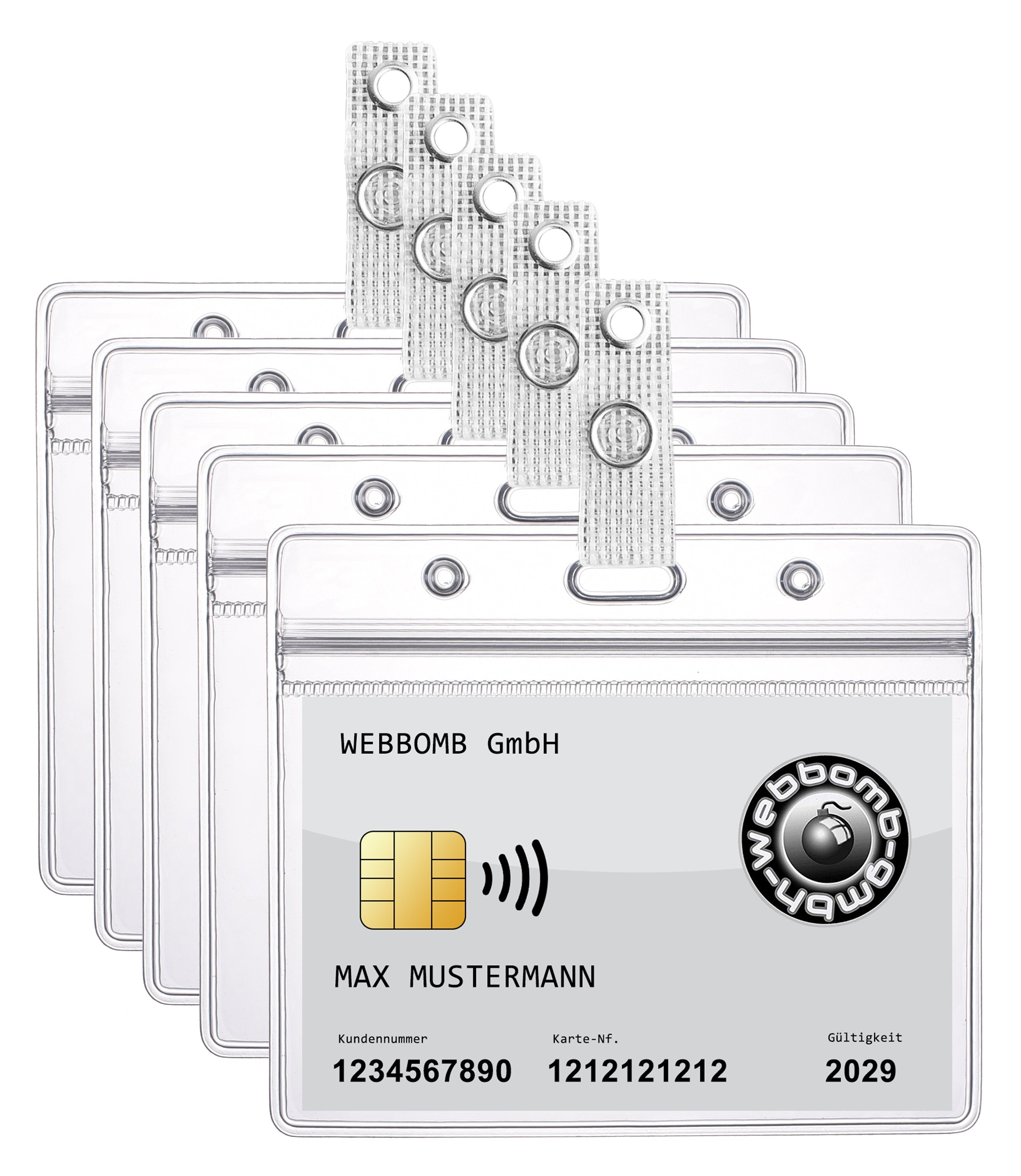 WEBBOMB Schlüsselanhänger 5x Ausweishülle ZIP Kartenhalter wasserdicht für 1-2 Karten + 5x Clip (5-tlg)