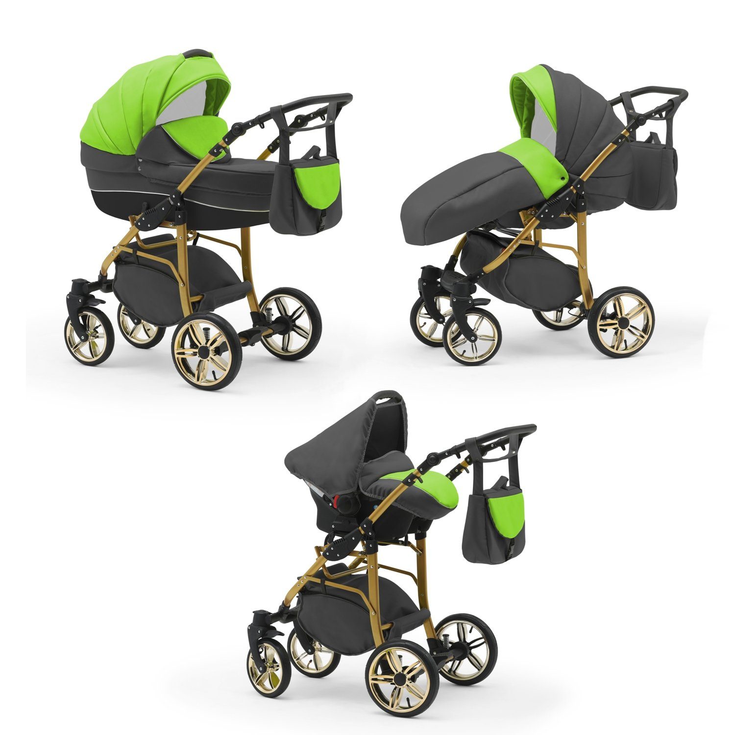 babies-on-wheels Kombi-Kinderwagen 3 in 1 Kinderwagen-Set Cosmo Gold- 16 Teile - in 46 Farben Grün-Grau