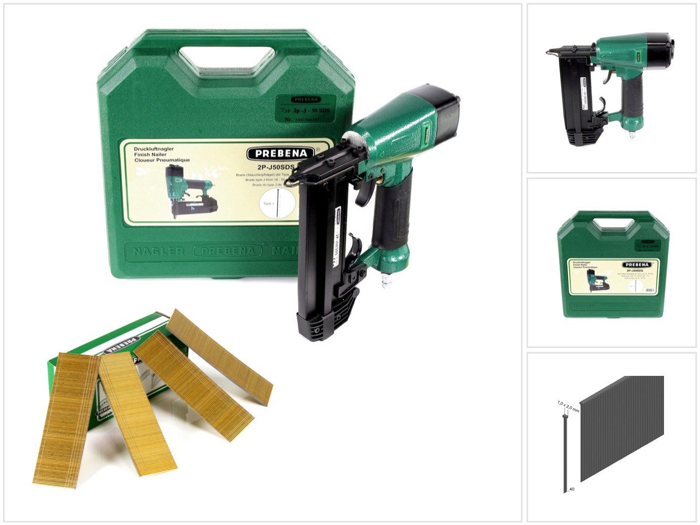 Prebena Druckluft-Nagler 2P-J50SDS Luftdruck Druckluftnagler 5-7 bar im Transportkoffer + Preb