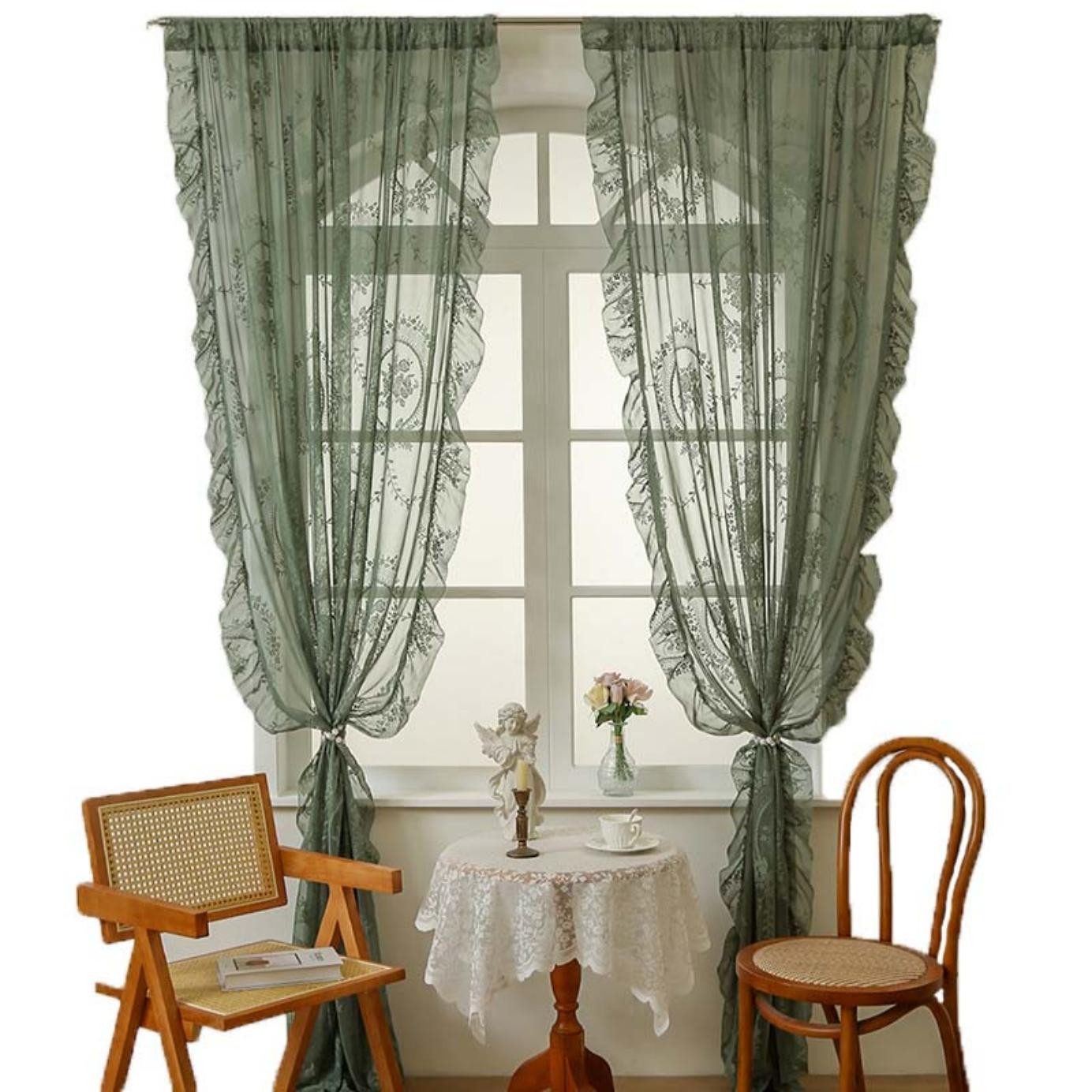 Coonoor Gardine Spitzenvorhänge, Vintage Blumenstickerei Vorhang mit Rüsche günstig online kaufen