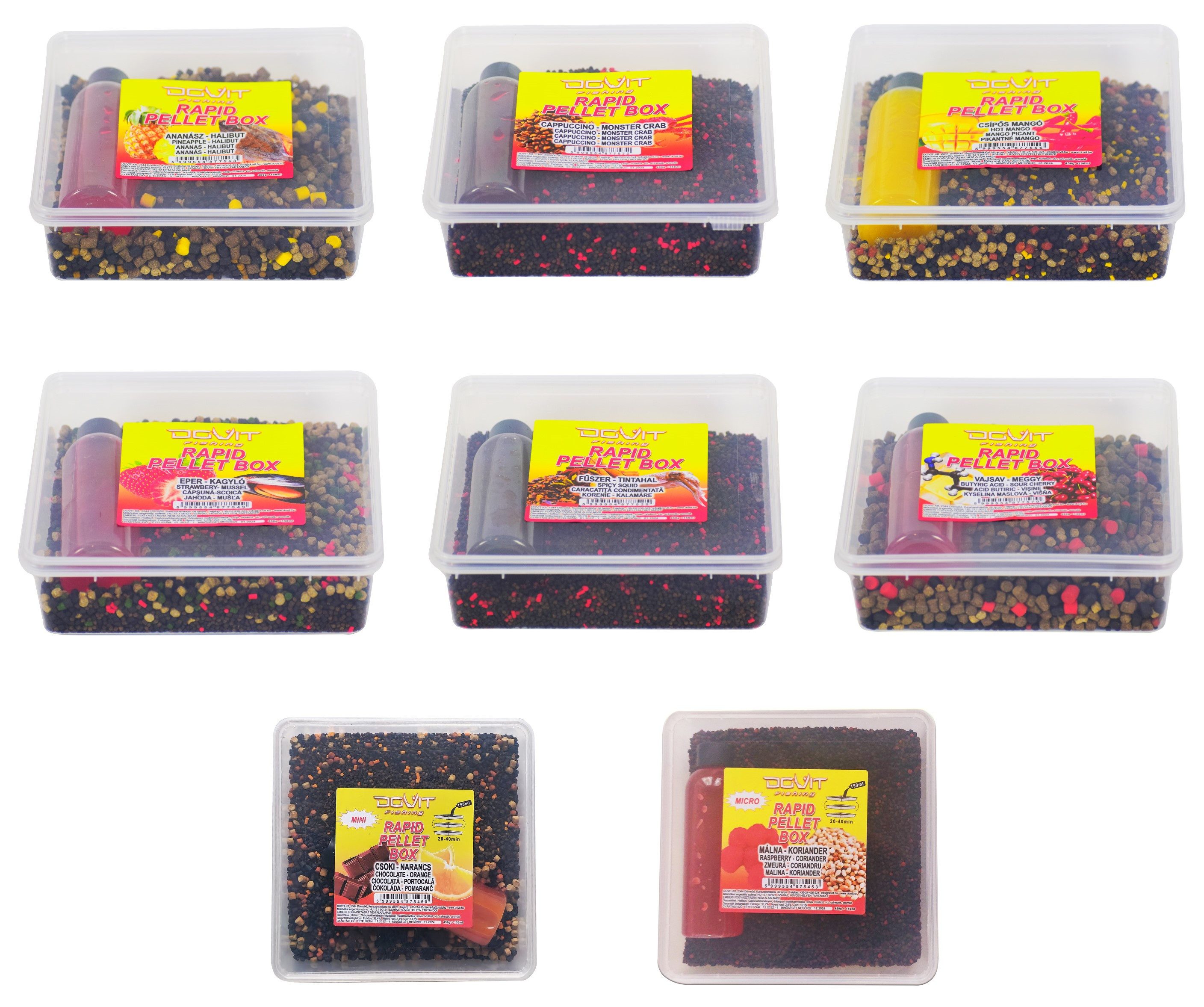 DOVIT FISHING Kunstköder RAPID PELLET BOX 450g + 150ml - Methode Feeder Karpfen Futter, (Spar-Set), Starke Aromen, mit Liquid zum sofortigen Angeln