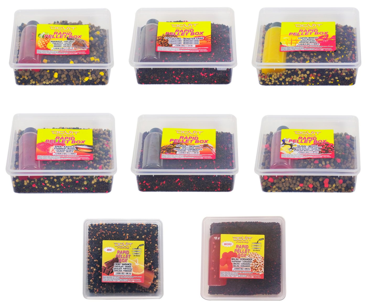DOVIT FISHING Kunstköder RAPID PELLET BOX 450g + 150ml - Methode Feeder Karpfen Futter, (Spar-Set), Starke Aromen, mit Liquid zum sofortigen Angeln