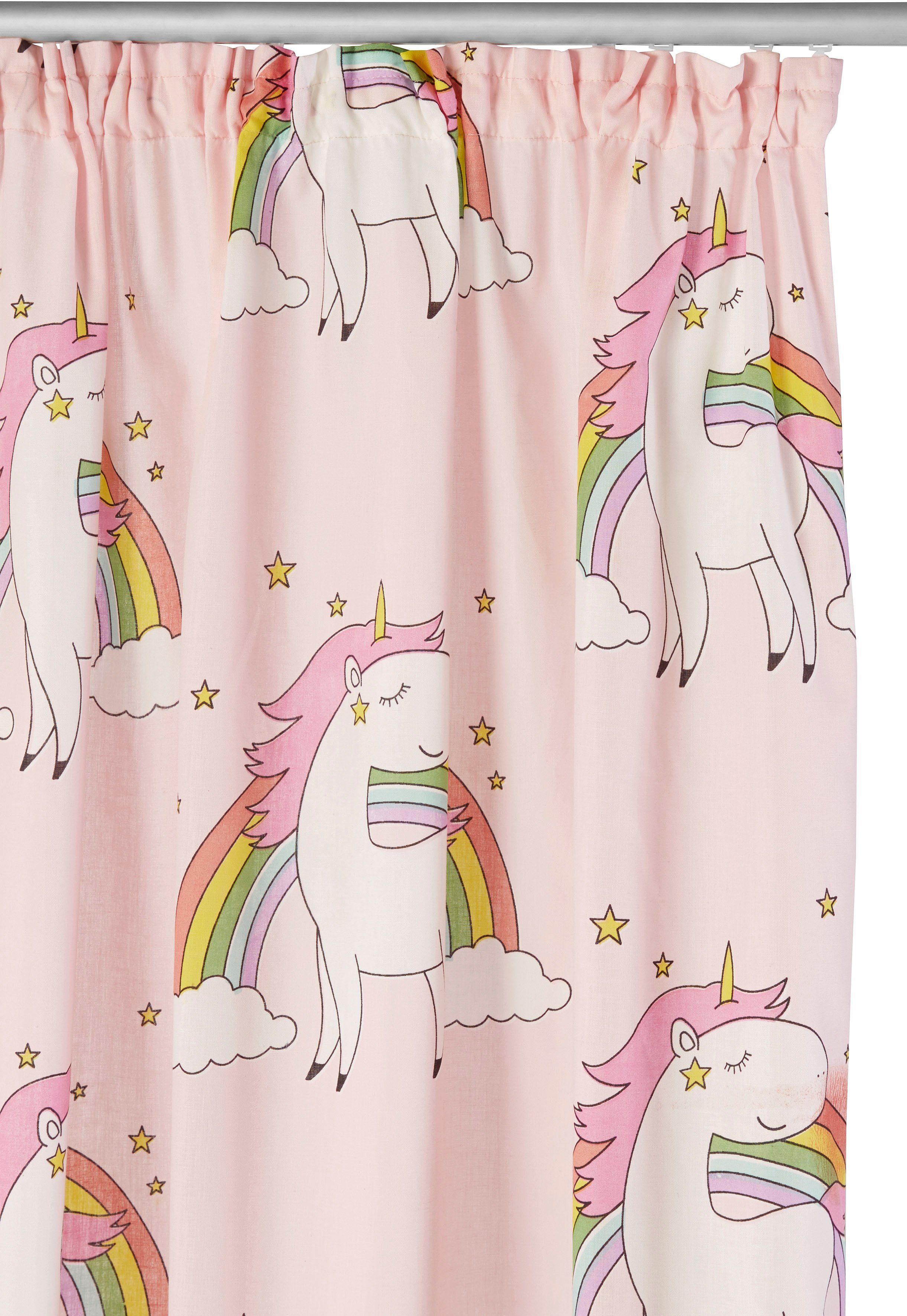 OTTO home Gardine EINHORN (1 St), Kräuselband, halbtransparent, Kindergardine, bedruckt, halbtransparent, Einhörner, Regenbogen