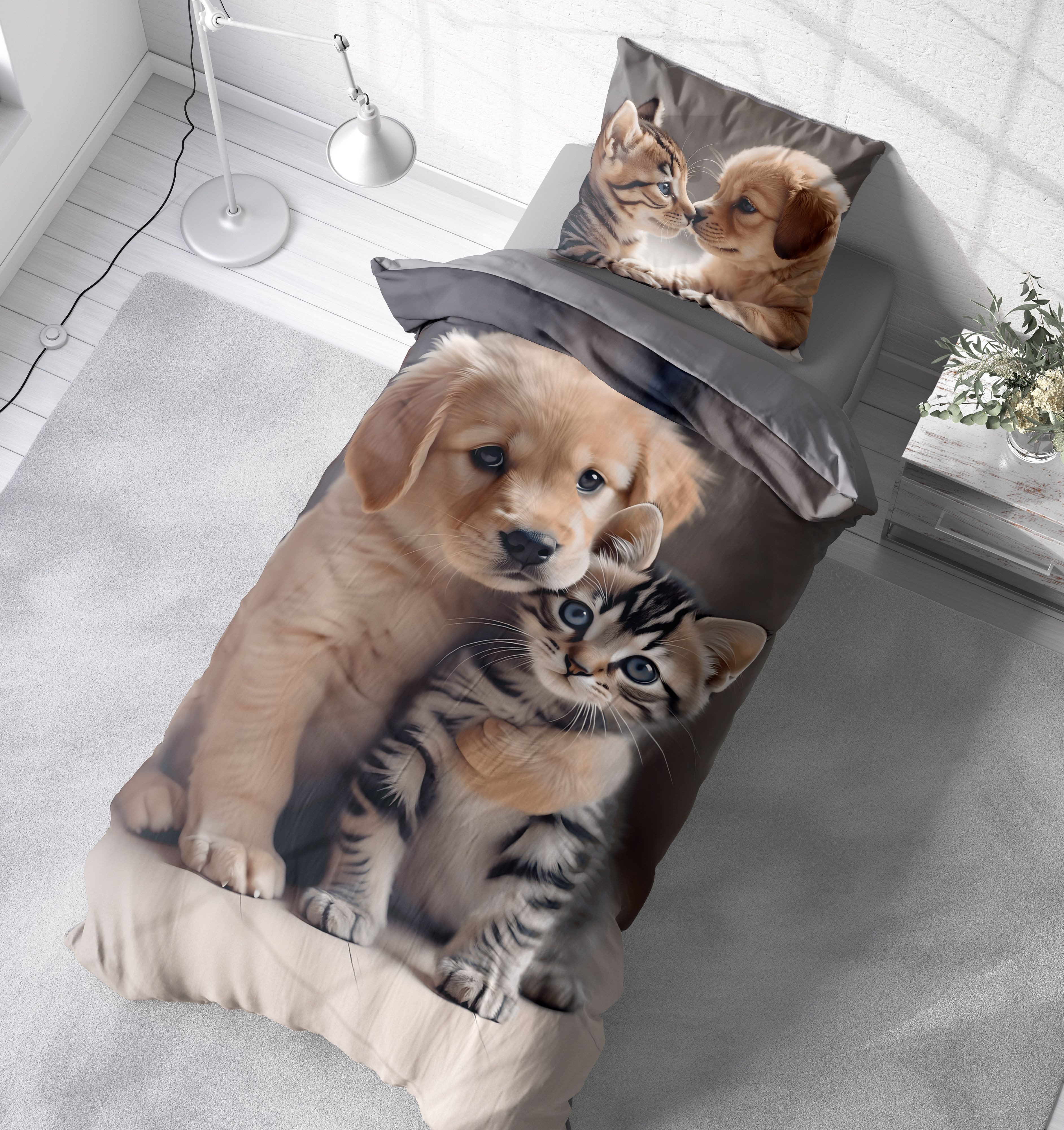 One Home Bettwäsche Puppy Friends, Flanell, 2 teilig, niedliche Hunde Katzen Welpen, kuschelig warme weiche Baumwolle Biber – Bild 4 von 5