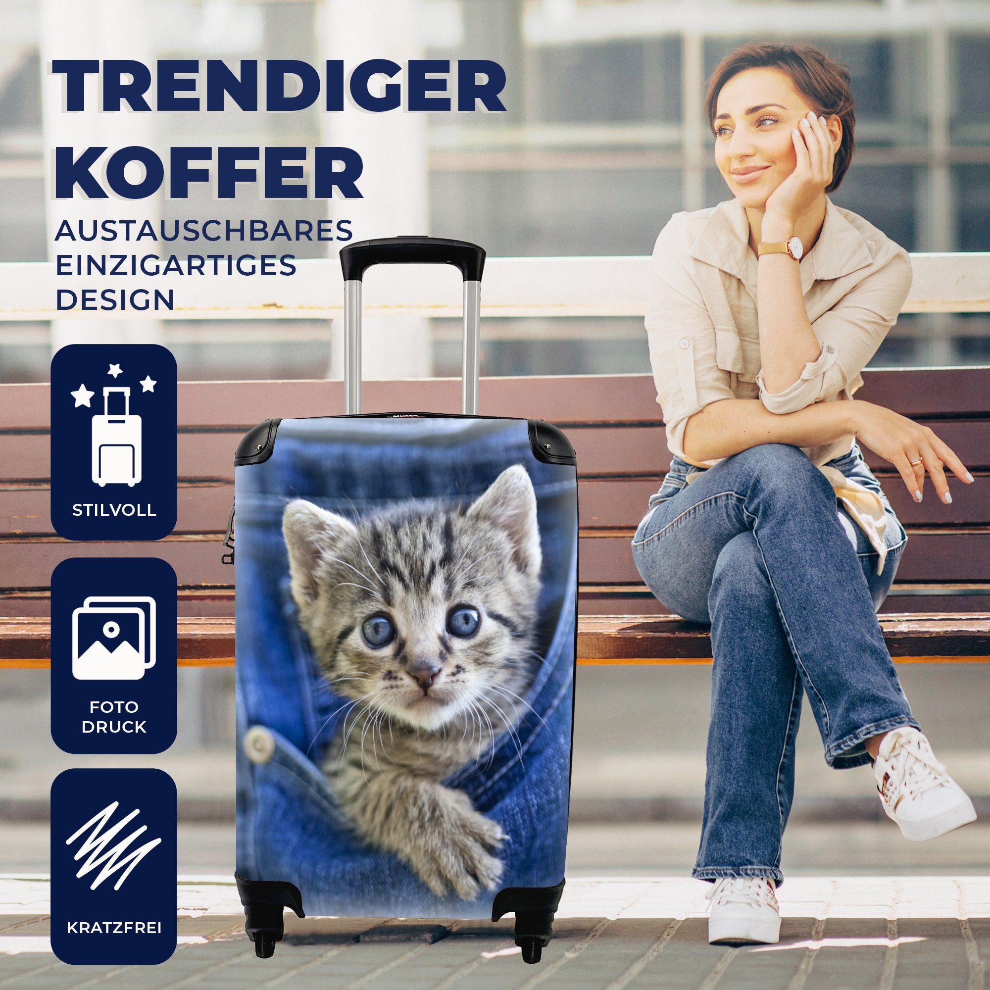 Denim-Jeans, in Trolley, Ein Rollen, rollen, mit MuchoWow Reisetasche Reisekoffer für 4 Kätzchen Handgepäck Ferien, Handgepäckkoffer