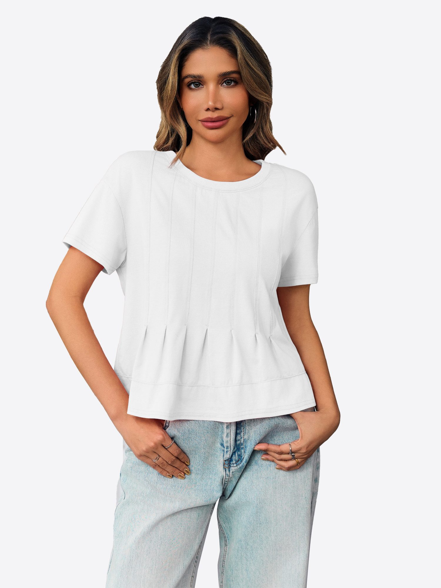 Imily Bela T-Shirt Damen Babydoll Tops mit Schößchen und Falten (Packung, 1-tlg., 1per-Pack) einfarbig