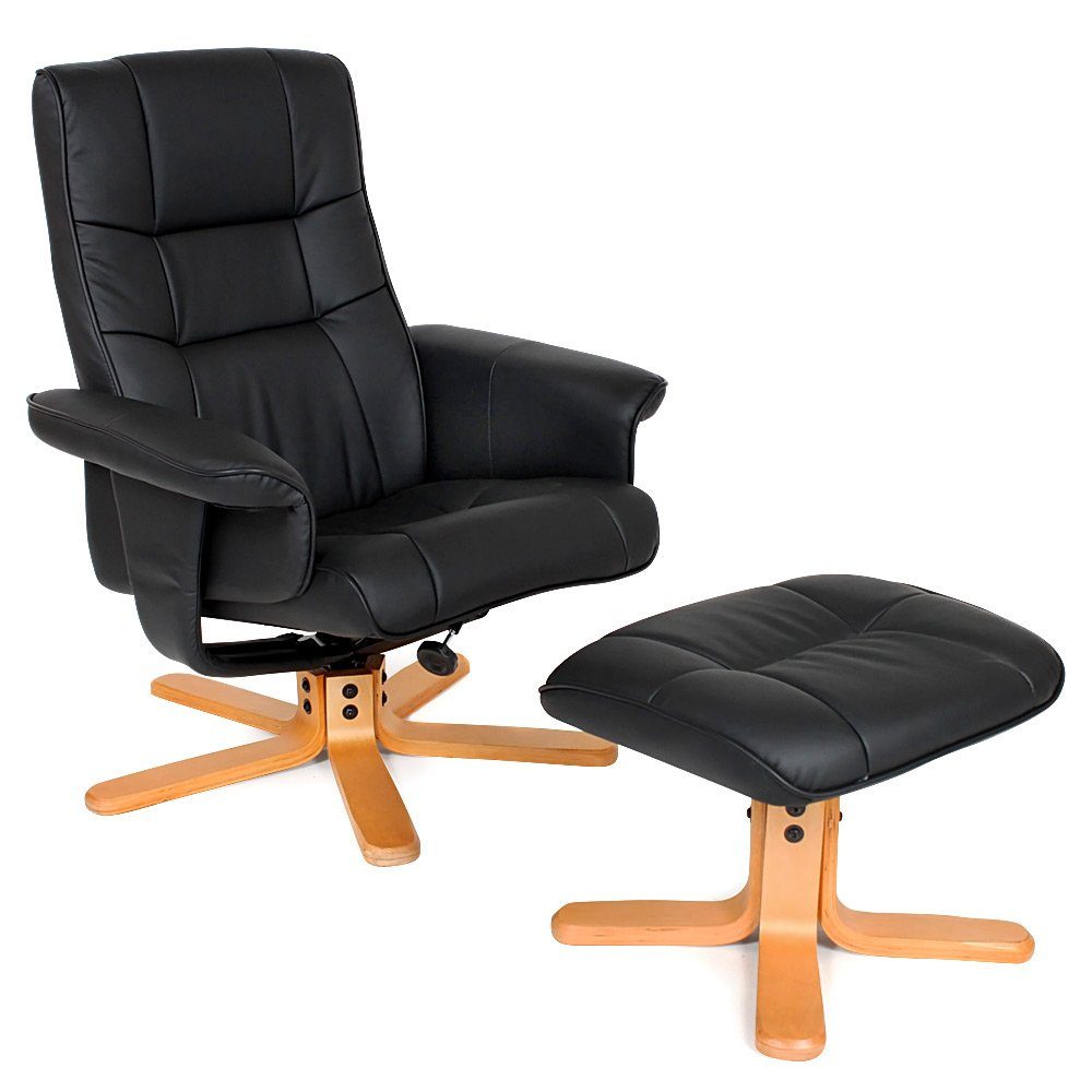 tectake Relaxsessel TV Fernsehsessel mit Hocker, 360° drehbar, Belastbarkeit 120 kg (Chefsessel, in Schwarz/Beige), neigbar, komfortable Polsterung mit schwarzem Kunstlederbezug