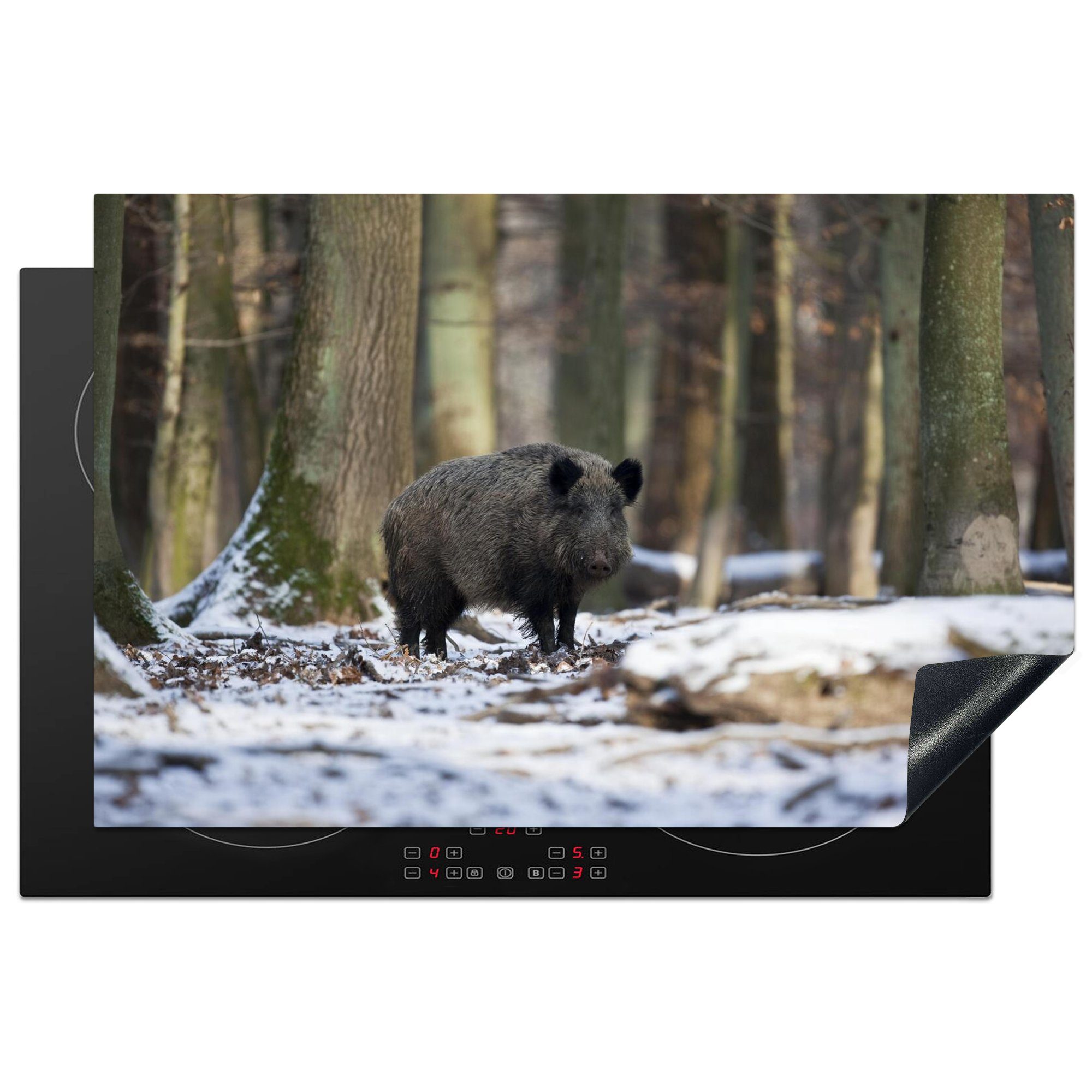 MuchoWow Herdblende-/Abdeckplatte Wildschwein - Schnee - Tier, Vinyl, (1 tlg), 81x52 cm, Induktionskochfeld Schutz für die küche, Ceranfeldabdeckung