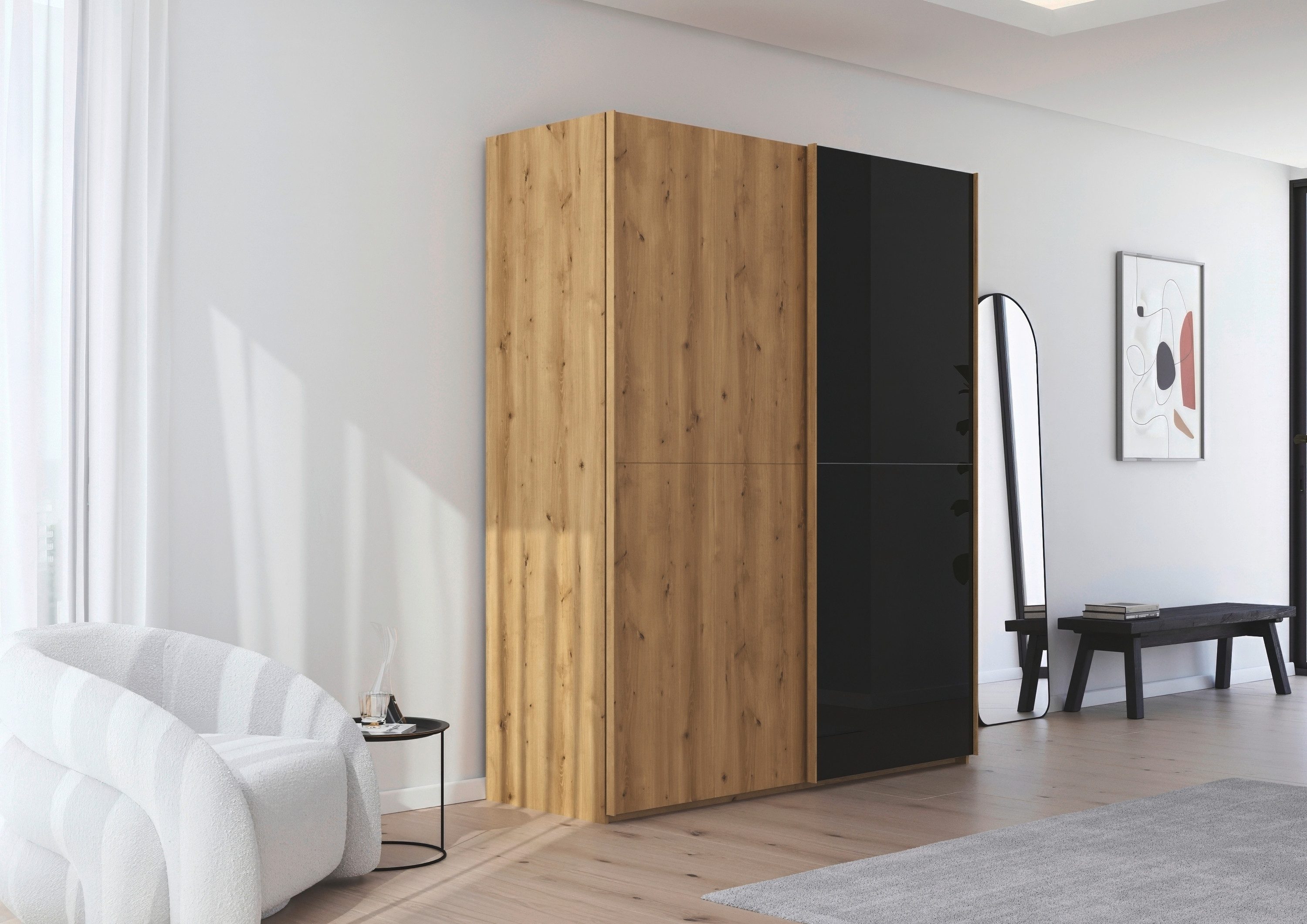 rauch Schwebetürenschrank Kleiderschrank Schrank Garderobe Schlafzimmerschrank SCALE-WOOD edle geteilte Front in massiver Asteiche mit Glastüren MADE IN GERMANY