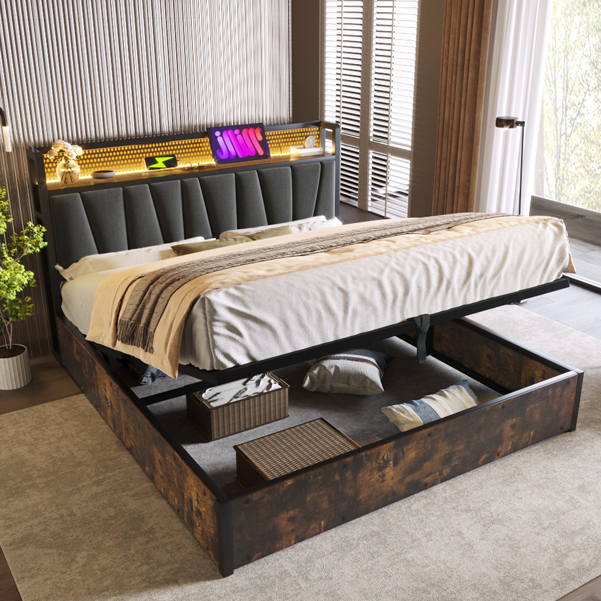 Rutaqian Stauraumbett Polsterbett mit LED, Metallbett, günstig online kaufen