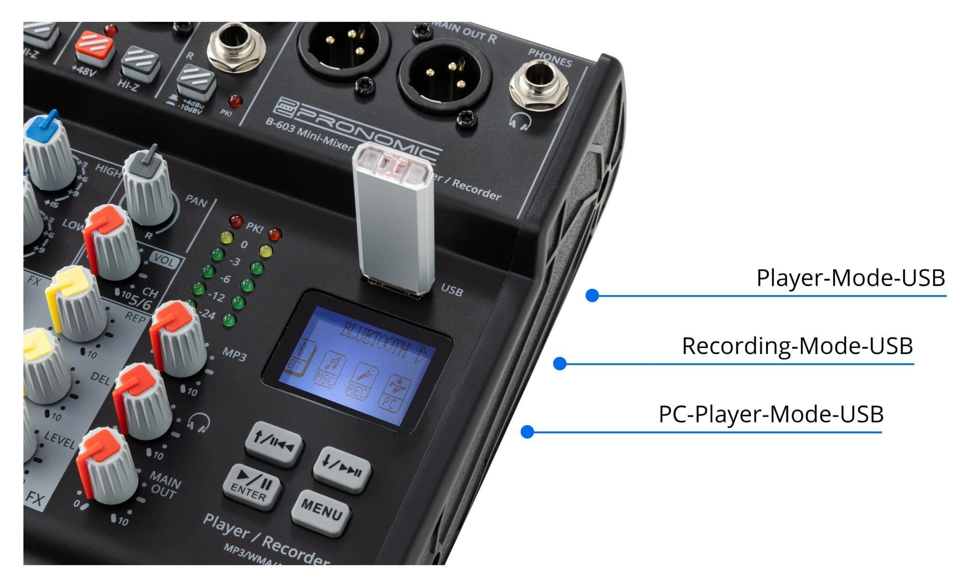 Pronomic Mischpult B-603 6-Kanal Mini-Mixer - Live/Studio DJ Mixer, mit Bluetooth und USB-Recording