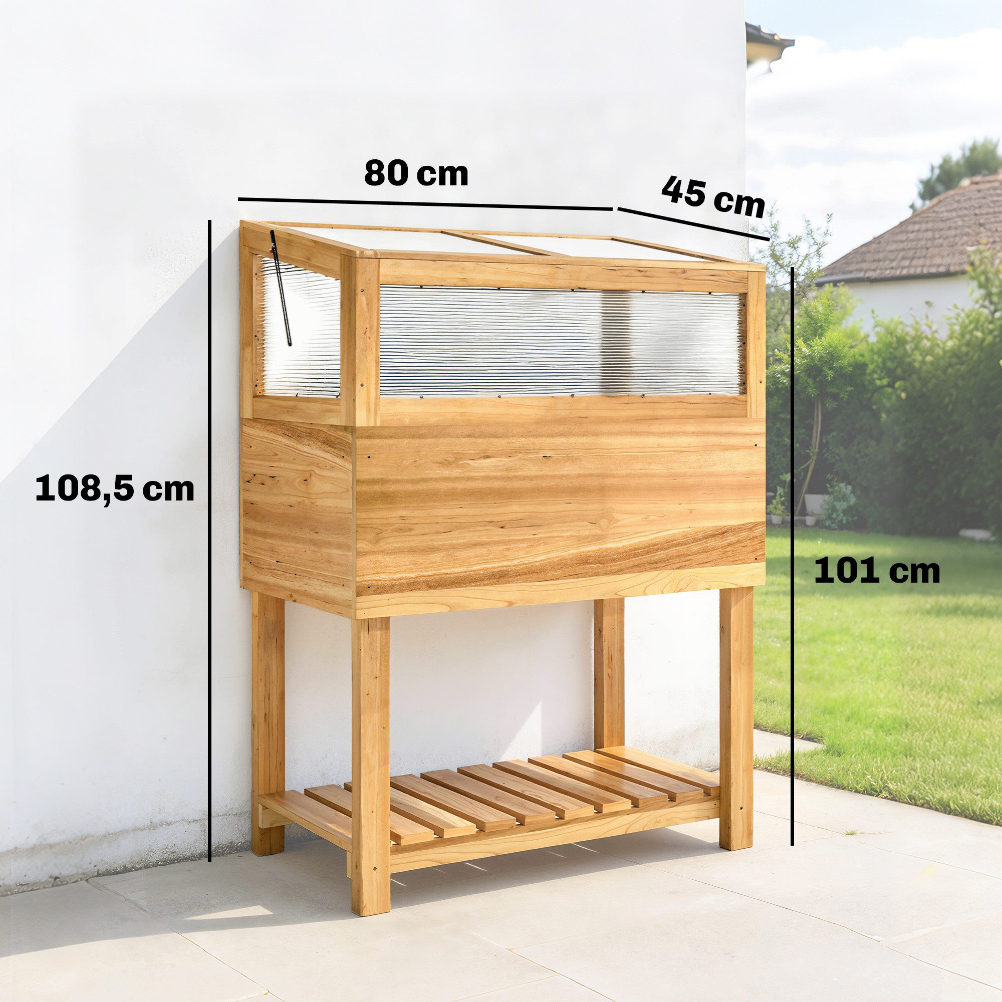 Outsunny Hochbeet Gemüsebeet Blumenkasten aus Holz aufklappbar Abdeckung ergonomisch (Pflanzkasten, 1 St., Frühbeetaufsatz), für Garten Balkon 80x45x108,5cm Nat – Bild 3 von 5