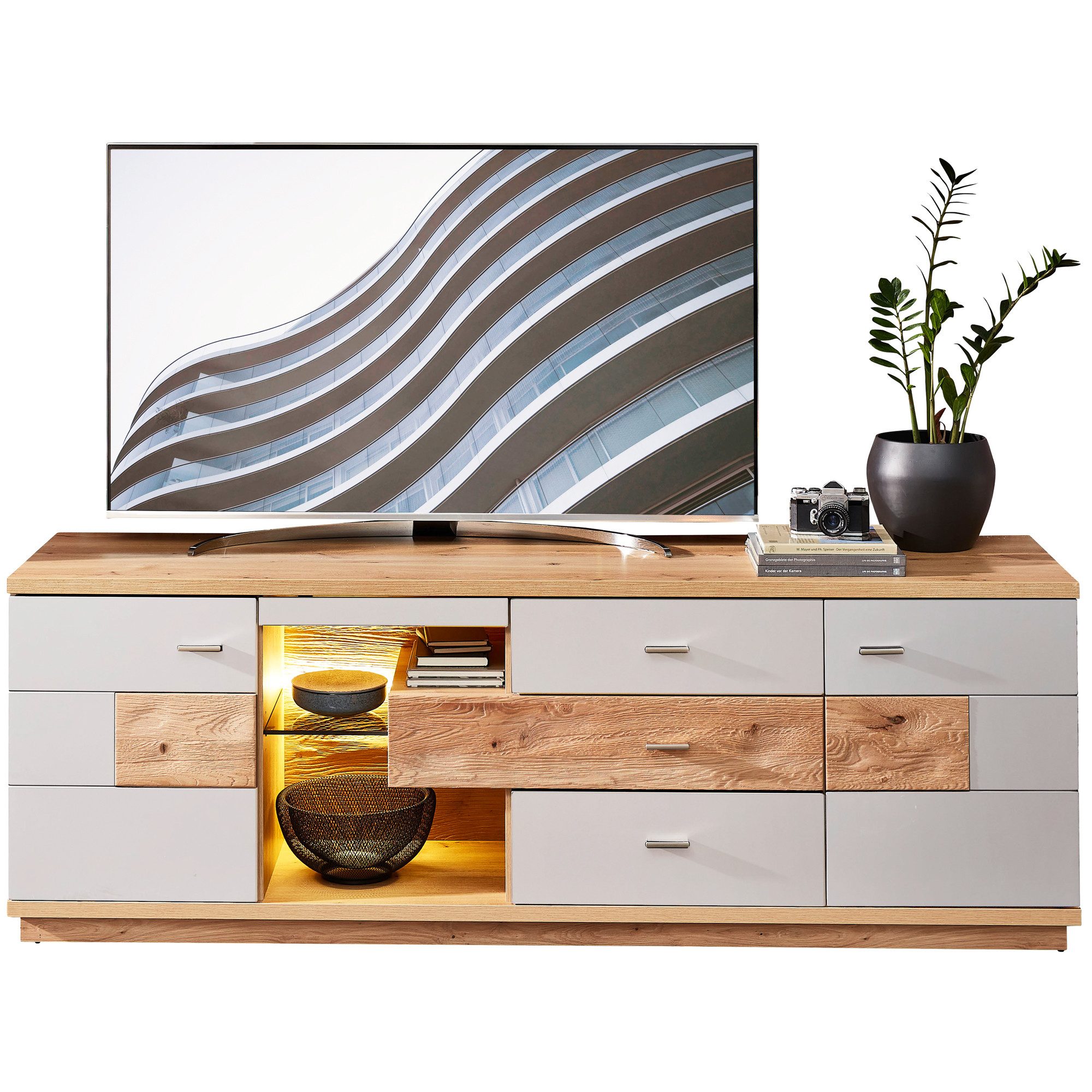 expendio TV-Board Valente 7, lichtgrau matt / Old Artisan Oak 190x60x48 cm