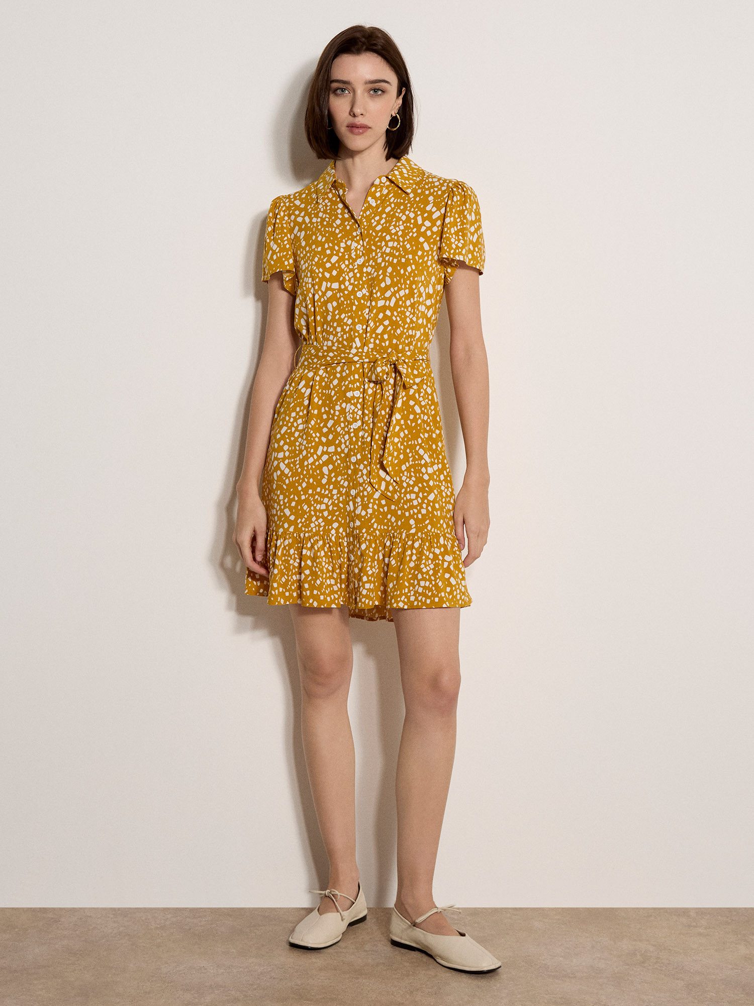 Apricot Druckkleid Minikleid mit verstreuten Quadraten