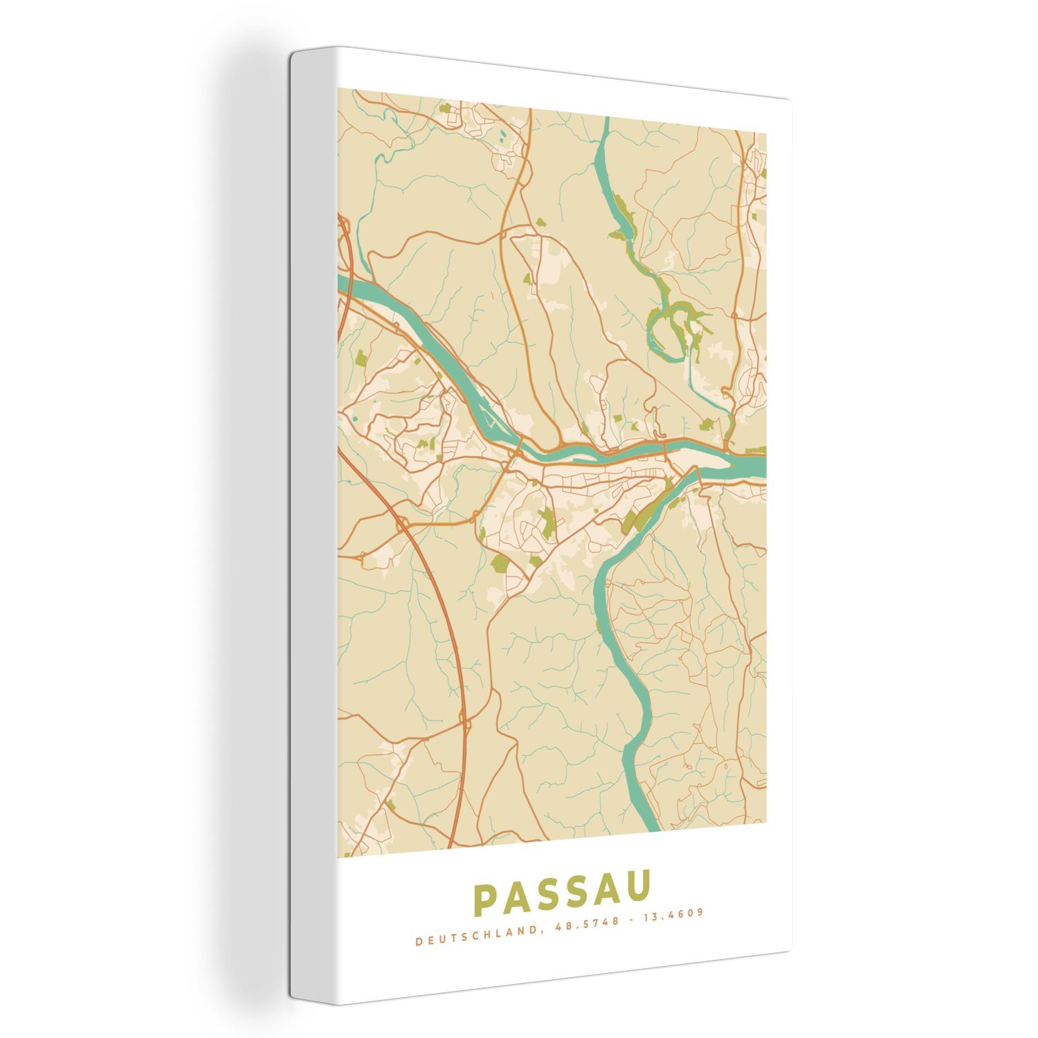 Stadtplan inkl. OneMillionCanvasses® bespannt fertig St), Karte, cm - Passau Leinwandbild Zackenaufhänger, 20x30 Gemälde, (1 - Leinwandbild - Jahrgang