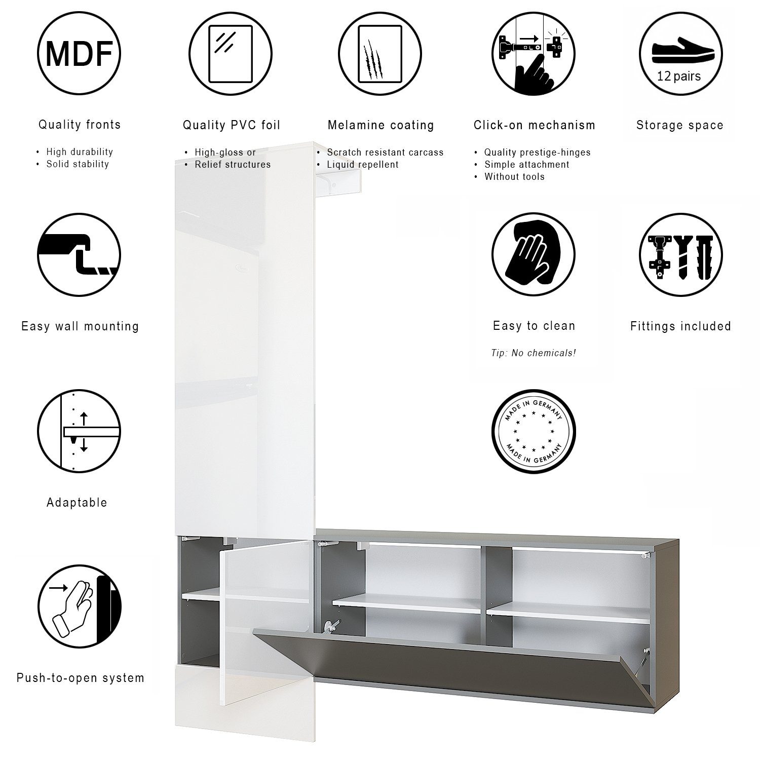 Vladon Garderoben-Set Carlton Set 4, (Wandgarderobe bestehend aus, 1 Paneel und 1 Schrankmodul), Anthrazit matt/Weiß Hochglanz (156,5 x 193 x 35 cm) – Bild 4 von 5