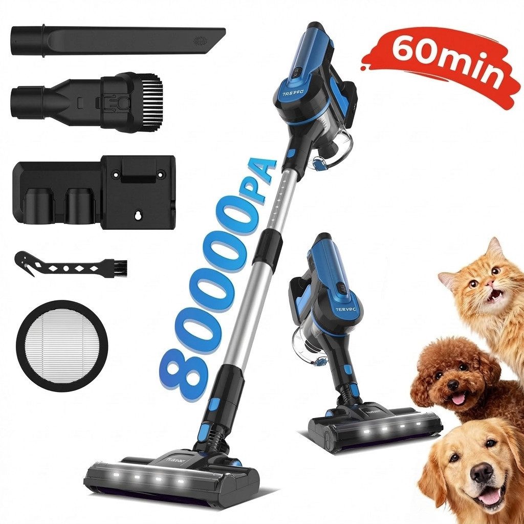 TASVAC Akku-Hand-und Stielstaubsauger Akku Staubsauger 80000Pa/60Min/1,7 L Staubsauger Kabellos, mit Beutel, 50dB leise/5-Stufen-Filter/LED Display, Ideal für Böden/Teppiche/Auto