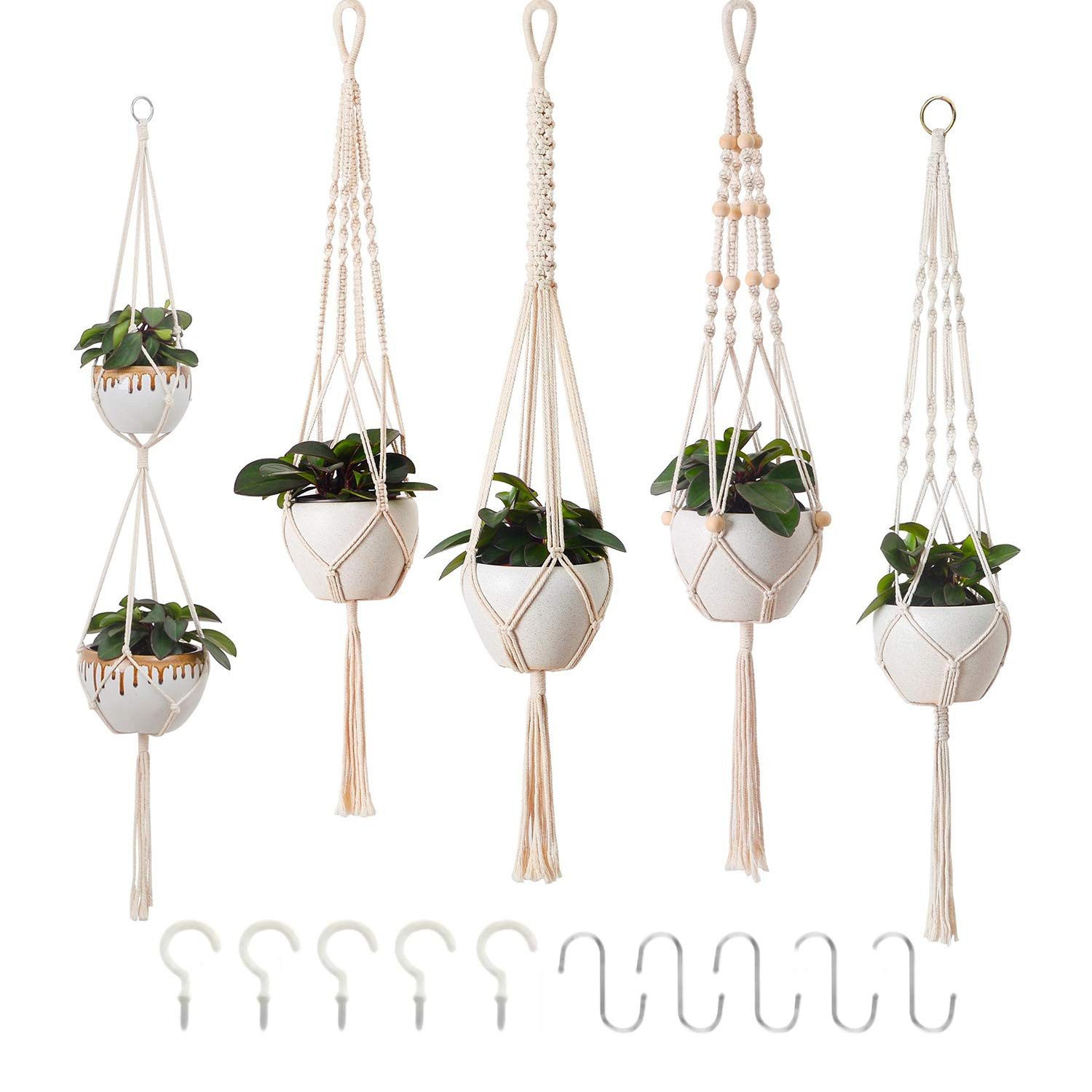 FOUORTUNATE-BEE Blumenampel 5er Set Blumenampel Hängend Boho Deko Makramee Hängeampel mit Haken (Blumentopf Hängend, Boho Zimmer Deko Aesthetic, 5 St., Hängepflanzen Topf für Balkon Fenster Deko), für Innen Außen Decken Balkone Wanddekoration