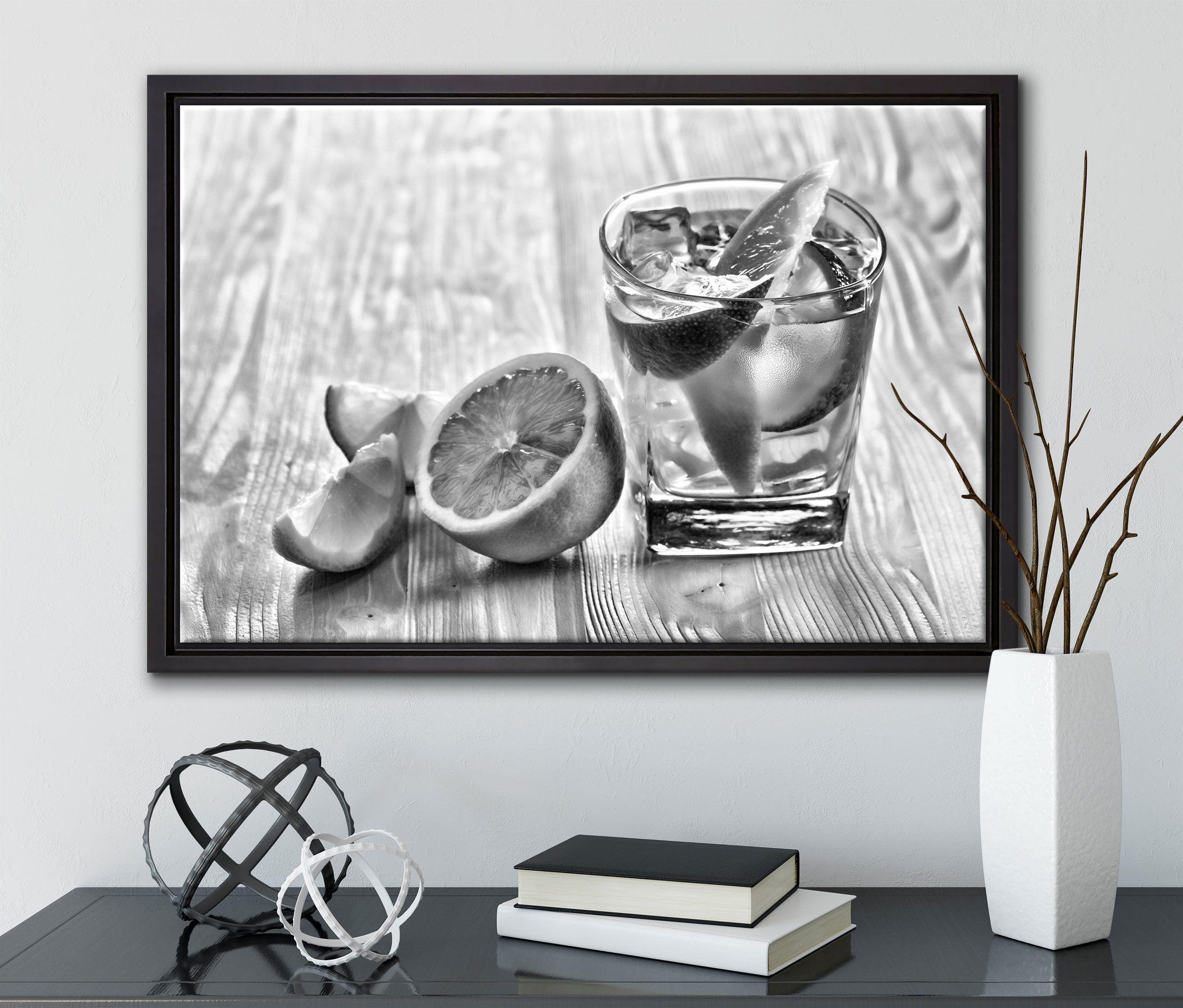 bespannt, inkl. in gefasst, Shot (1 Zitronen, Pixxprint Zackenaufhänger einem Gin St), Wanddekoration fertig Tonic Leinwandbild mit Leinwandbild Schattenfugen-Bilderrahmen