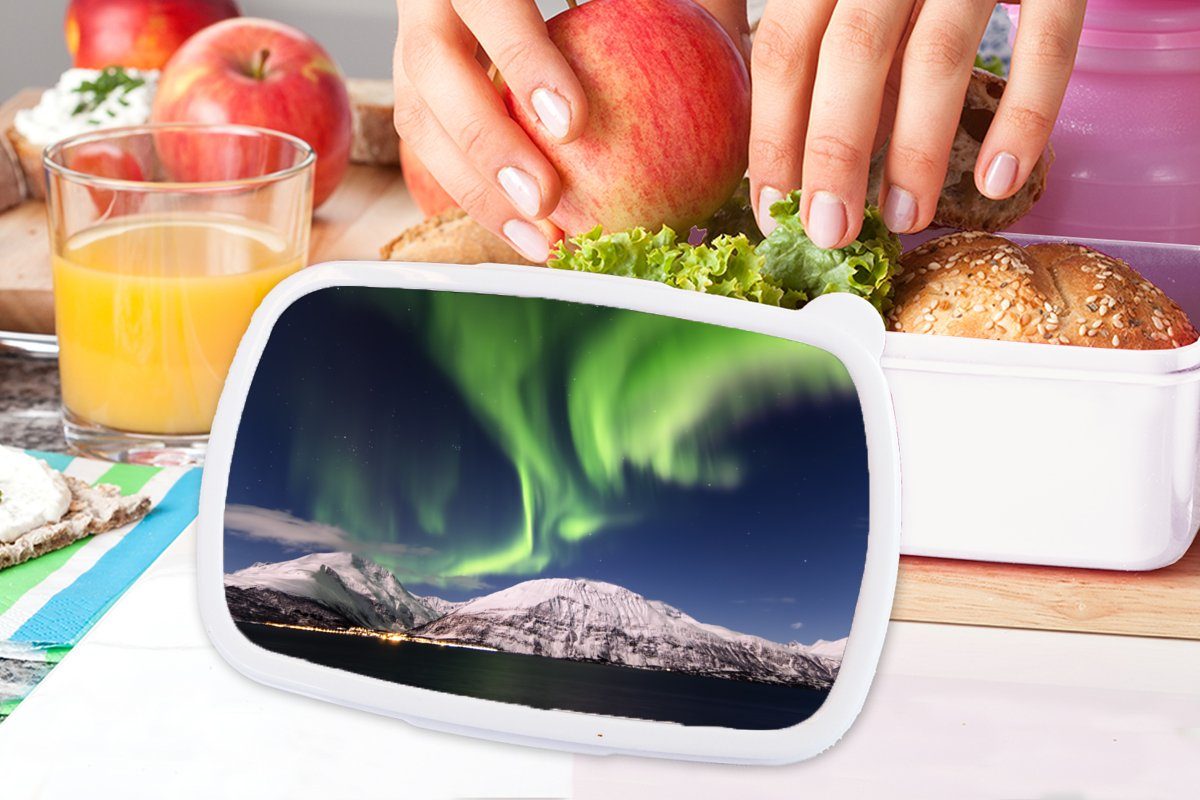 MuchoWow Lunchbox Erwachsene, weiß Landschaft und - Brotdose, und Norwegen, - Jungs (2-tlg), Kunststoff, für Nordlichter Kinder Brotbox Mädchen für
