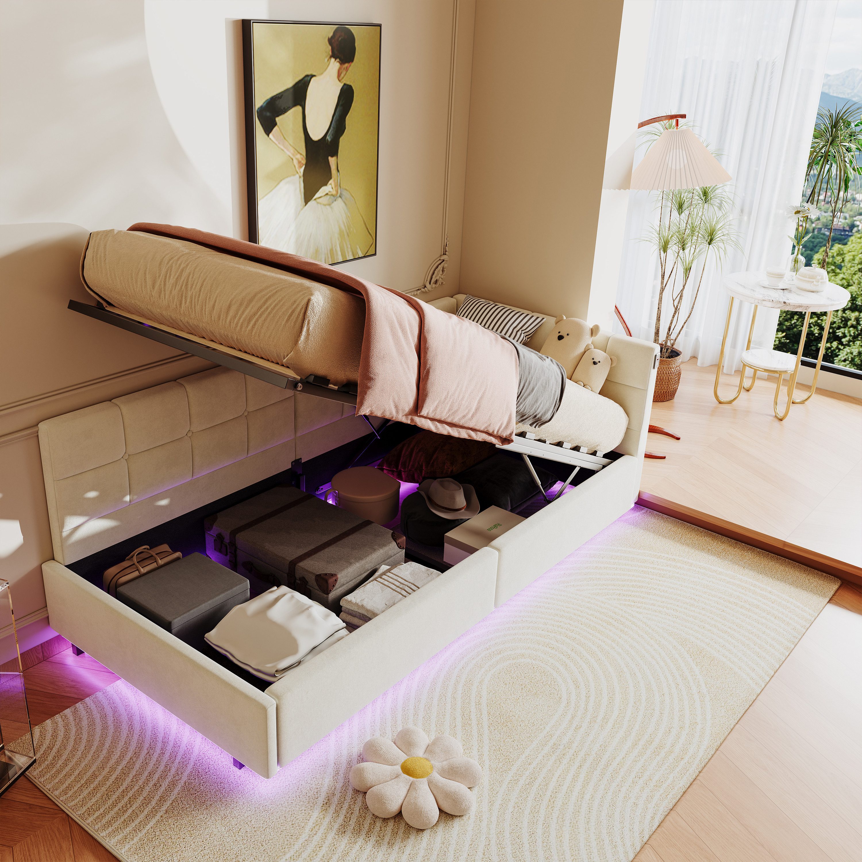 PXloue Polsterbett Daybett Tagesbett (Inklusive USB-Typ-C-Ladeanschluss), LED-Beleuchtung Einzelbett 90x200cm mit Ladefunktion