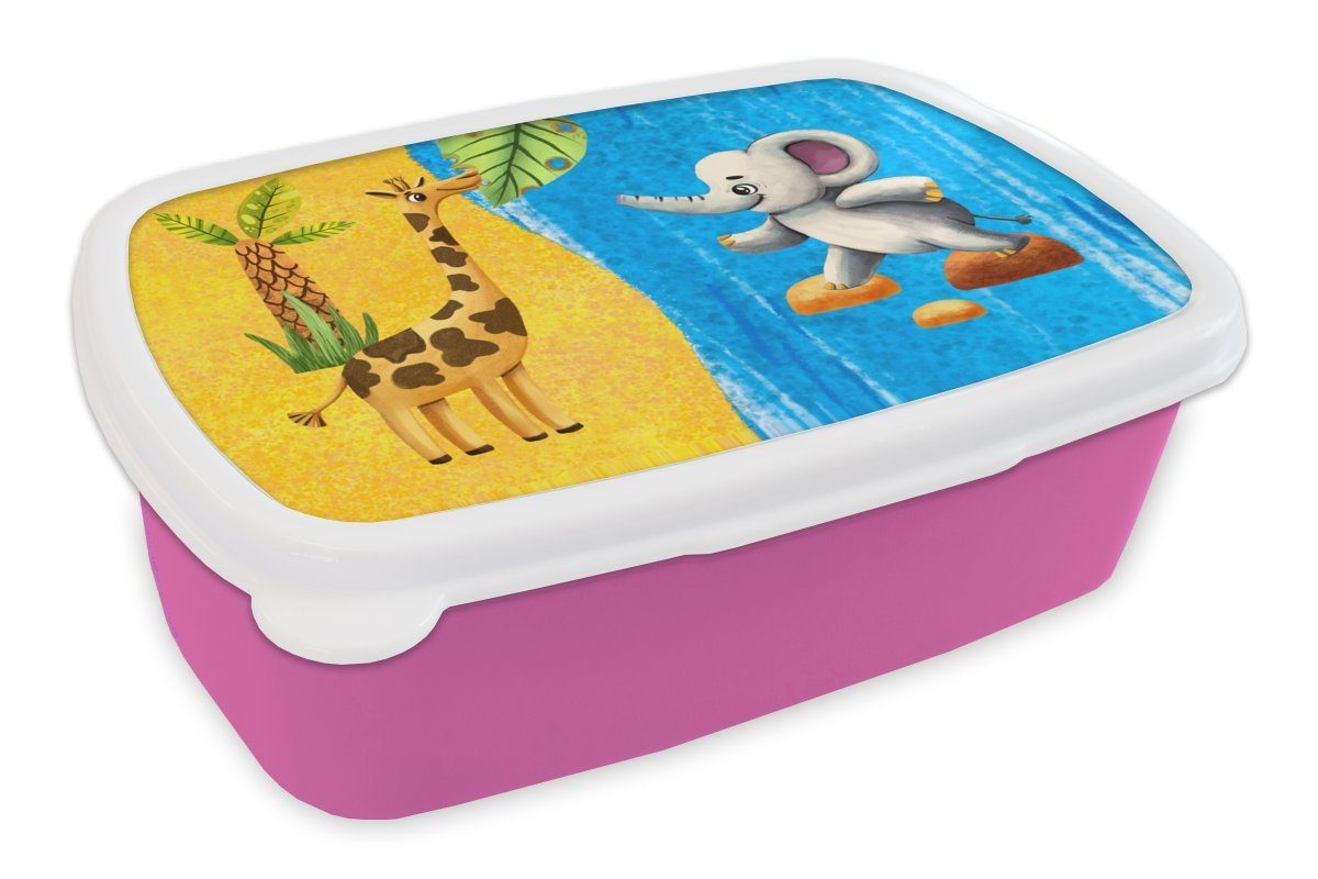 MuchoWow Lunchbox Elefant - Giraffe - Wasser, Kunststoff, (2-tlg), Brotbox für Erwachsene, Brotdose Kinder, Snackbox, Mädchen, Kunststoff rosa