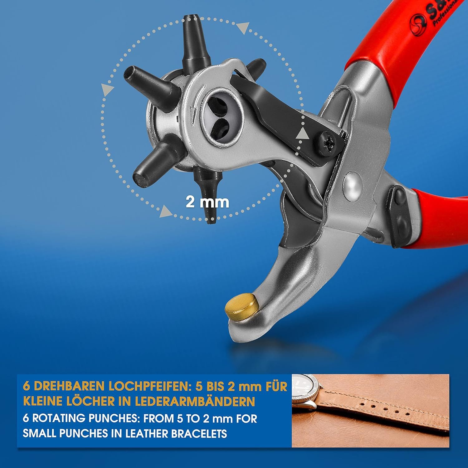 S&R Revolverlochzange MADE IN GERMANY, für Leder, Gürtel, Gurte, Karton,Schuhe, Textilien, 1-tlg., Loch-Zange mit 6 wechselbaren Lochpfeifen 2/2,5/3/3,5/4/5 mm