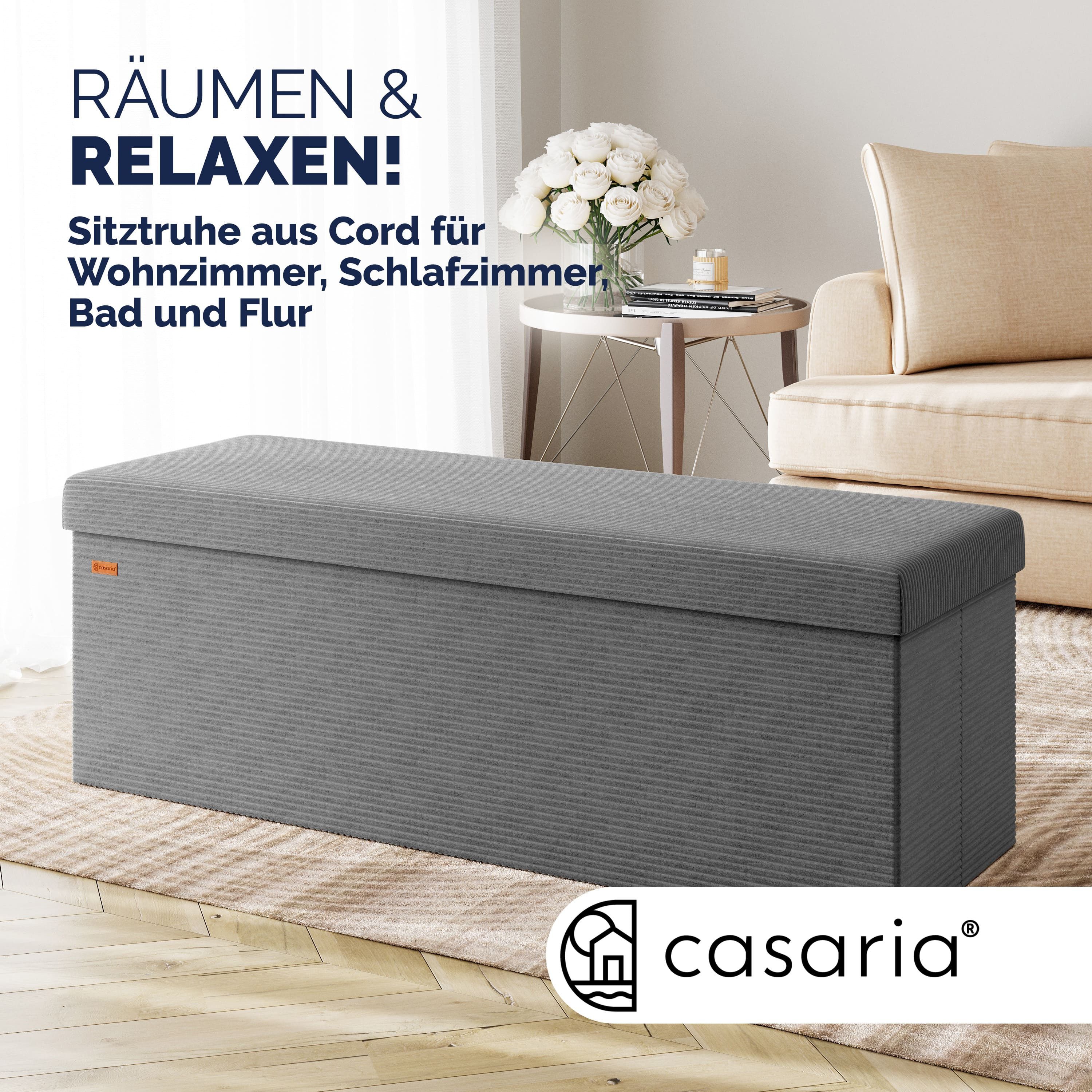 Casaria Sitzbank, Cord Anthrazit Faltbar inkl. 2 Boxen 114cm 300kg Belastbarkeit Flur