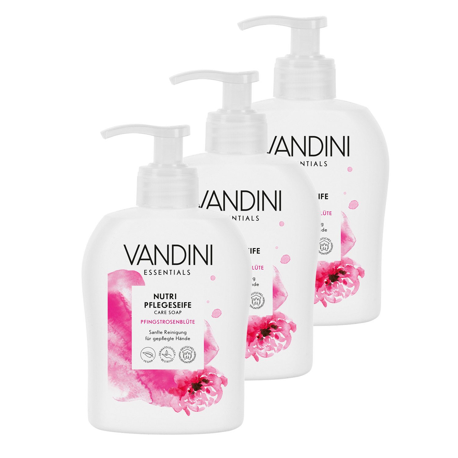 VANDINI Flüssigseife Nutri Flüssigseife Spender mit Pfingstrosenblüte Duft, vegan, 900ml, 3-tlg.