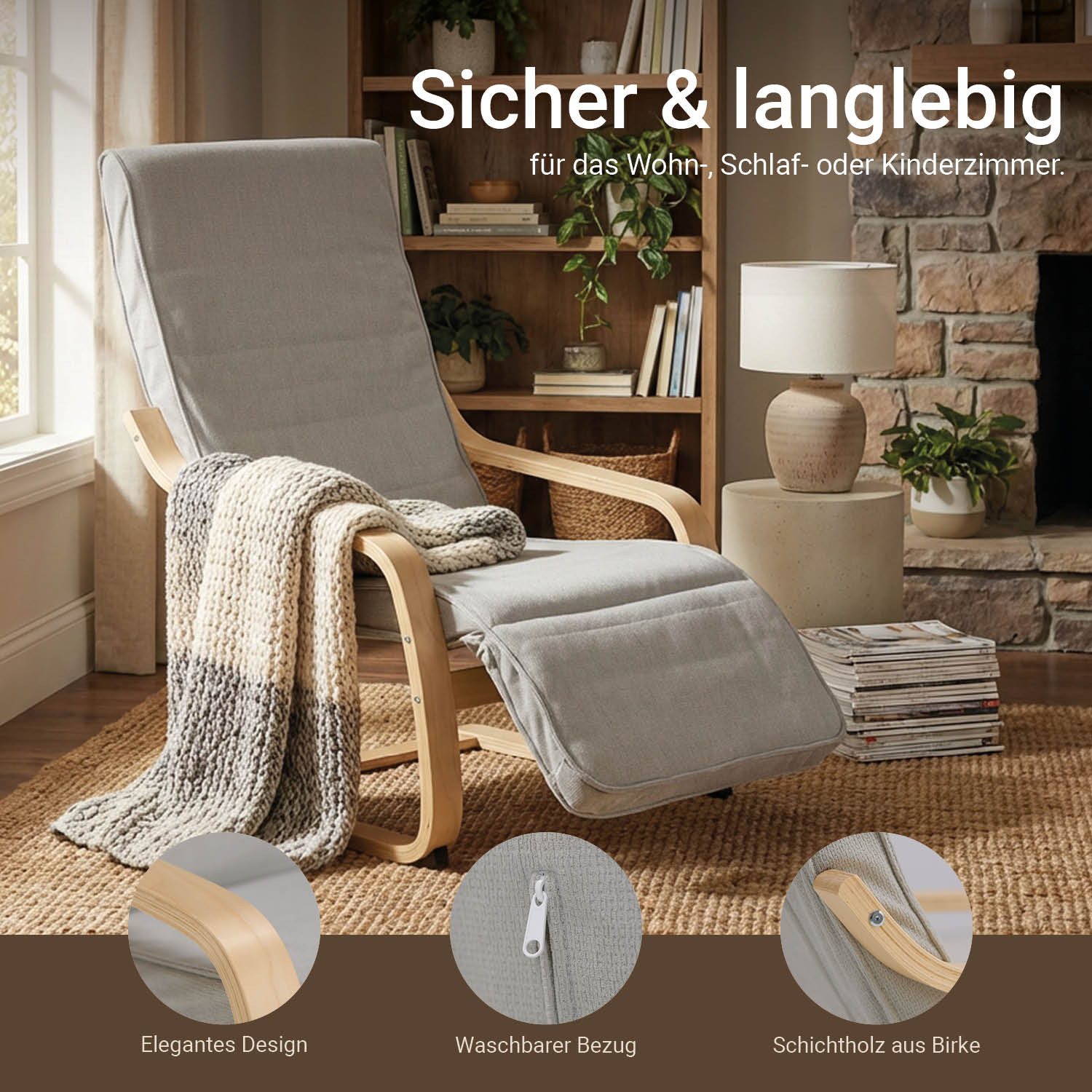 Homestyle4u Relaxsessel Sessel Cord Hellgrau Fernsehsessel weich Schwingsessel Holzgestell (1-St), Cordbezug abnehmbar, Fußteil verstellbar, Schwingsessel, Relaxstuhl