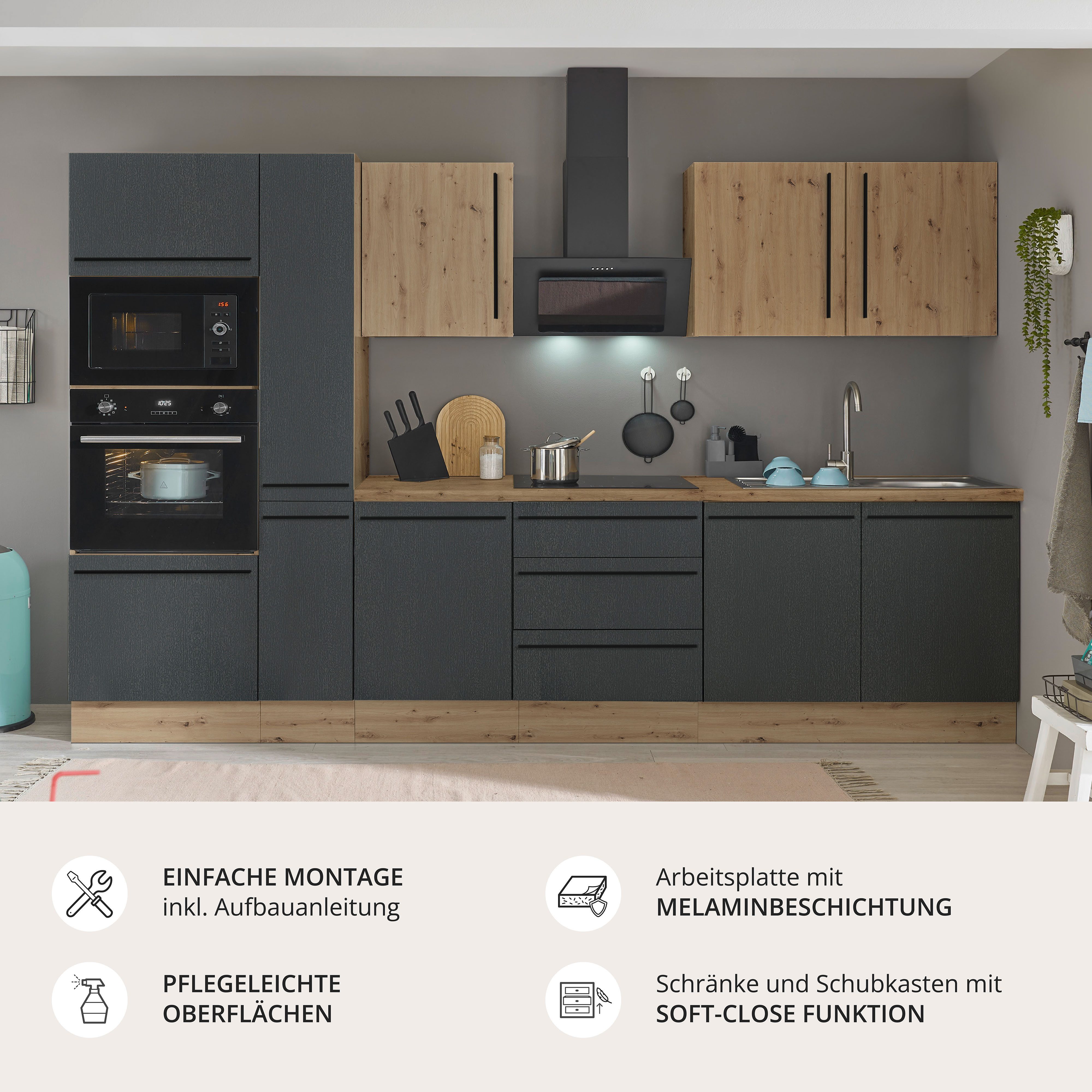 KOCHSTATION Küchenzeile Florida, Breite 300 cm, wahlweise mit E-Geräten,Softclose für Türen/Schubkästen