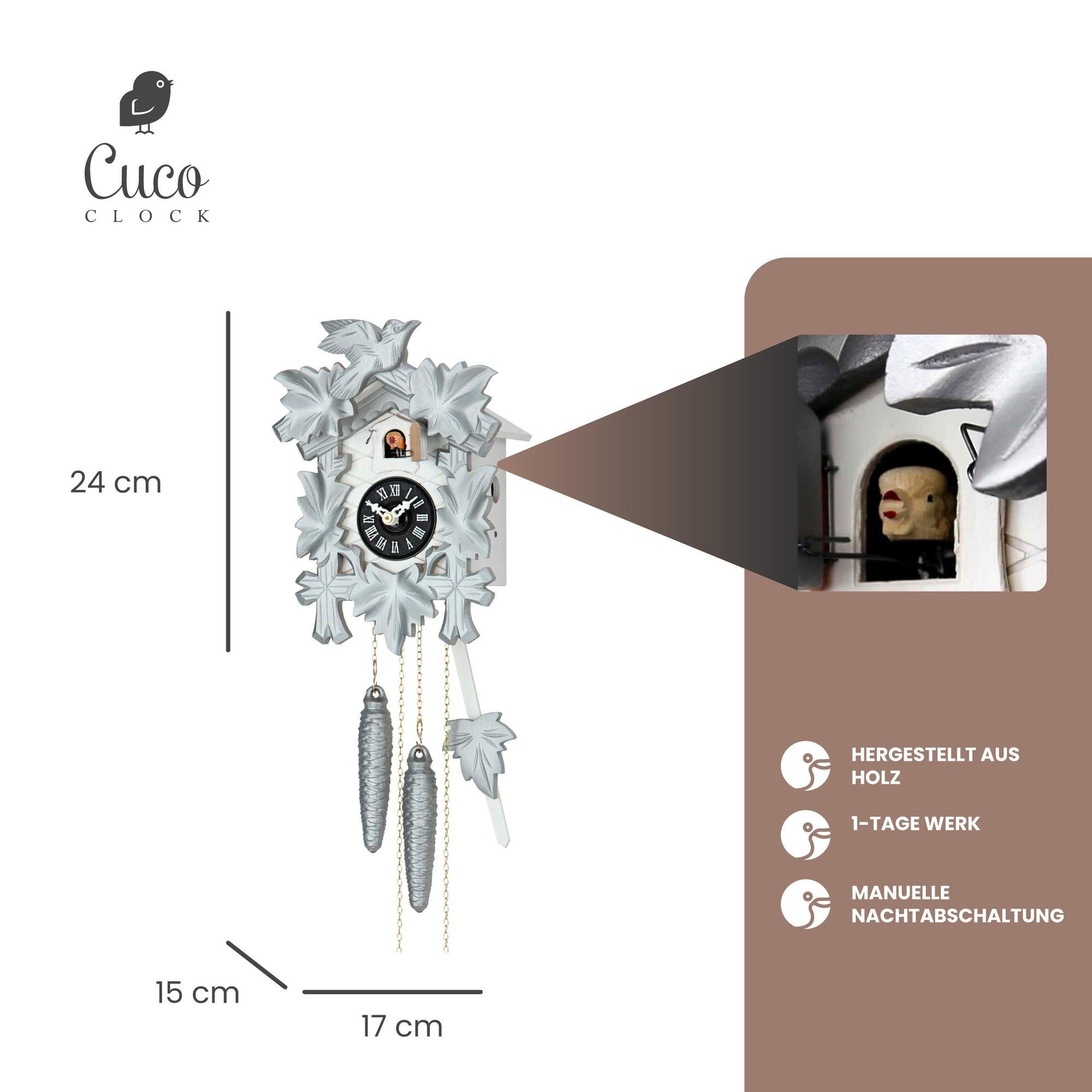24cm, Schwarzwalduhr Clock Werk, x Kuckucksuhr Wanduhr (15 - Cuco Pendelwanduhr aus Tage Nachtabschaltung) 17 "Silbervogel" 1 Holz x manuelle